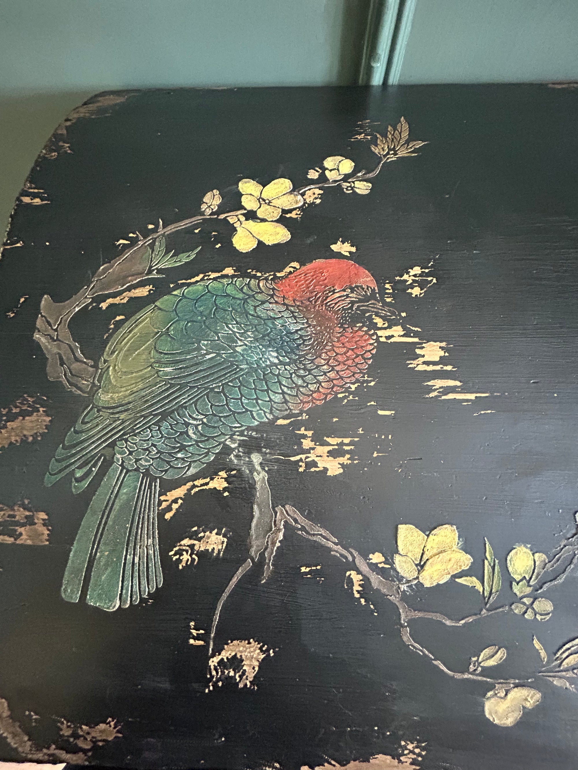 Vintage Painted Large Blanket Box /Chest with Inlaid Chinoiserie