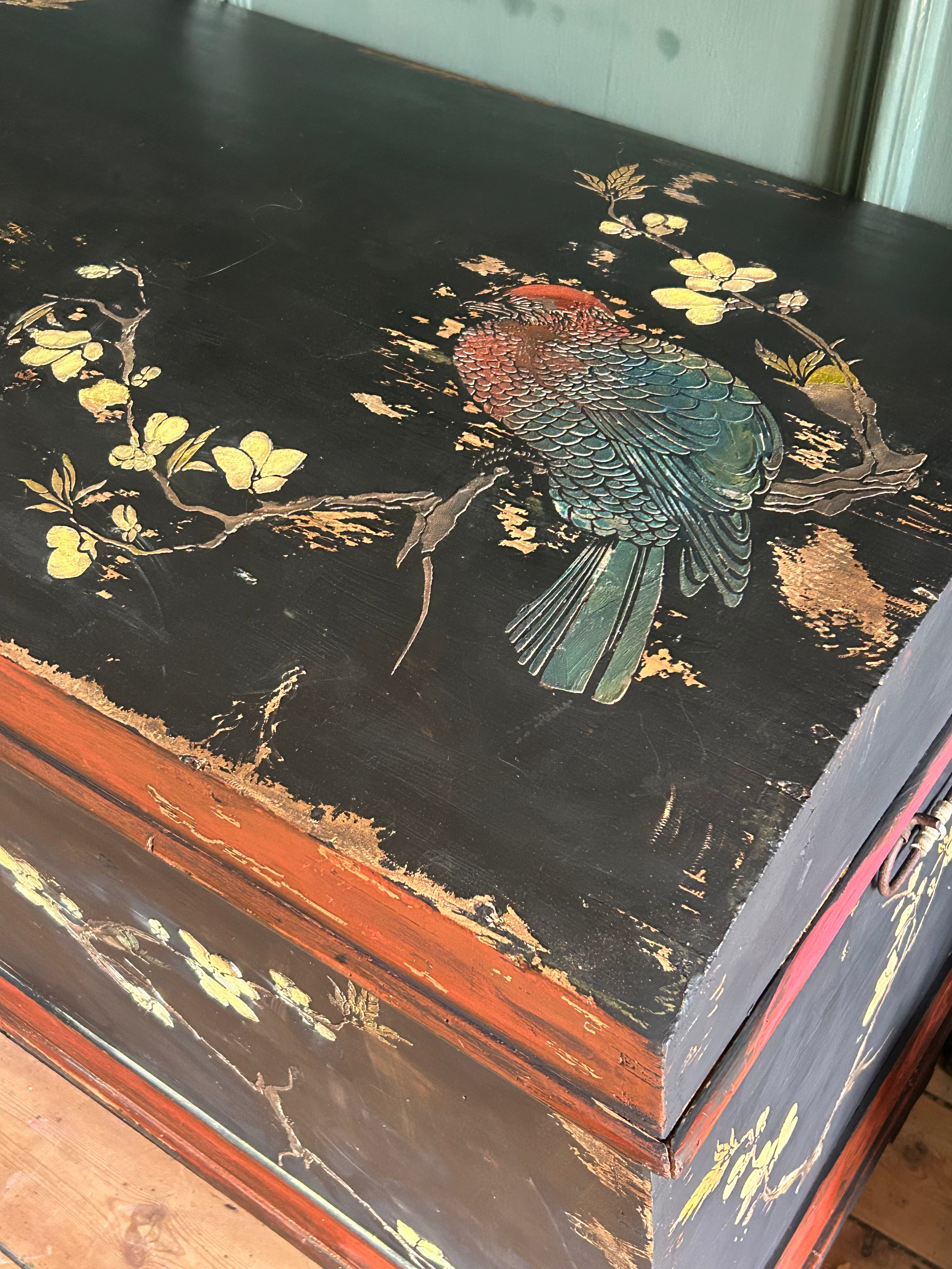 Vintage Painted Large Blanket Box /Chest with Inlaid Chinoiserie