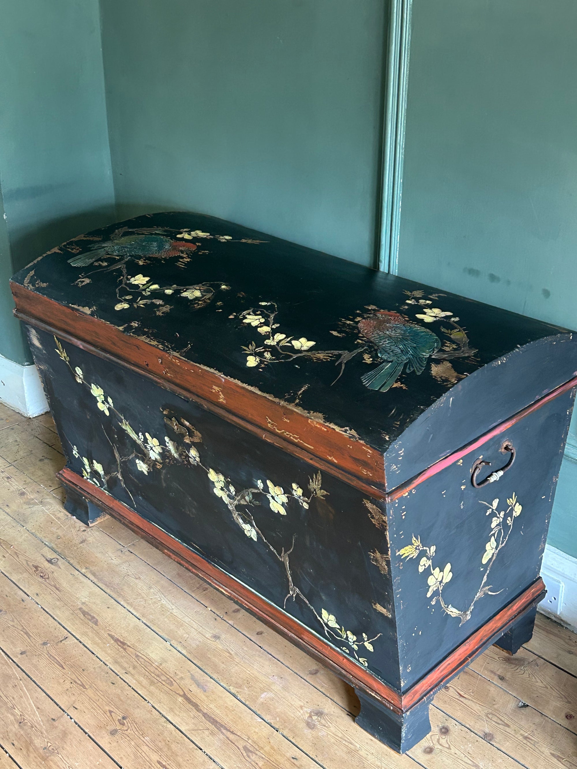 Vintage Painted Large Blanket Box /Chest with Inlaid Chinoiserie
