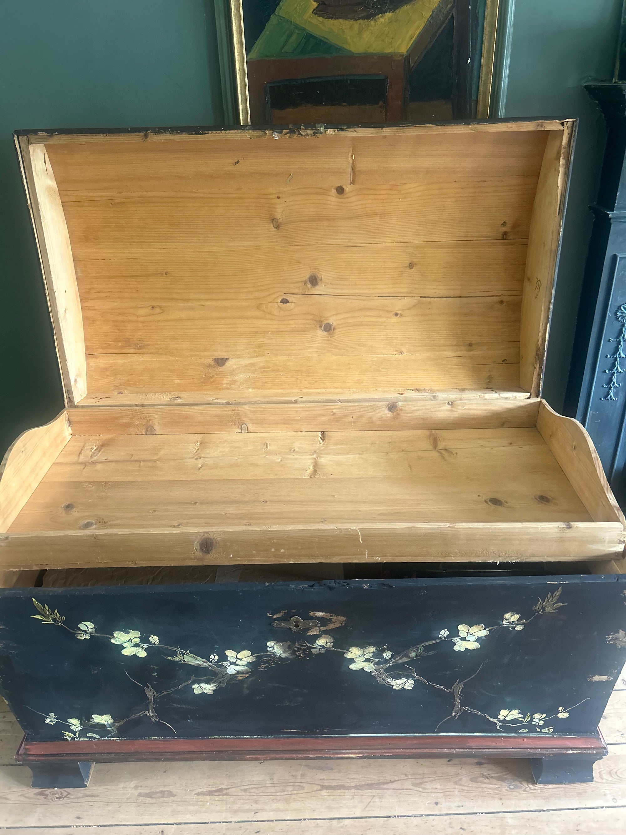 Vintage Painted Large Blanket Box /Chest with Inlaid Chinoiserie