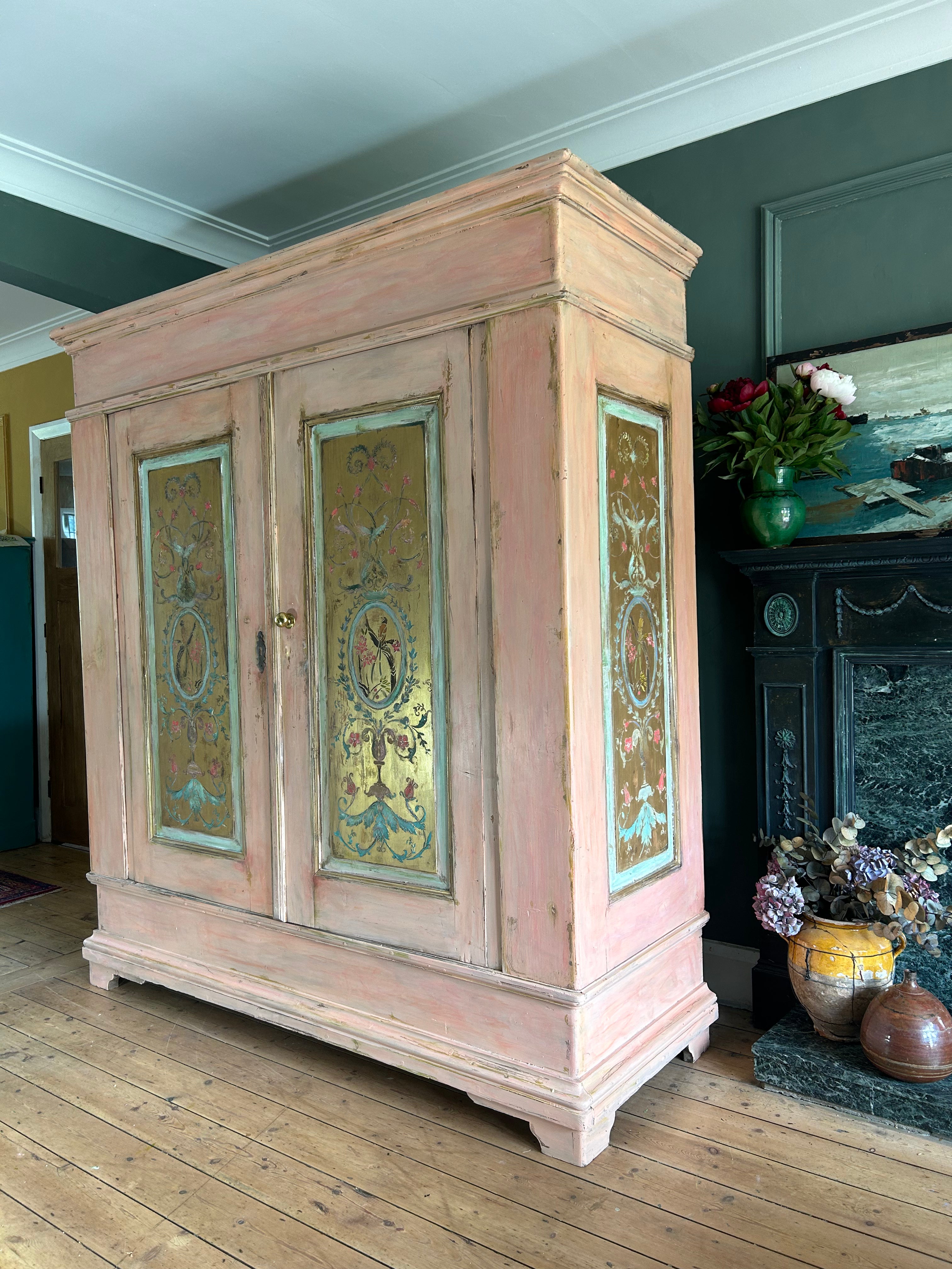 Vintage Painted Pine Large Double Wardrobe with Inlaid Chinoiserie Reserved