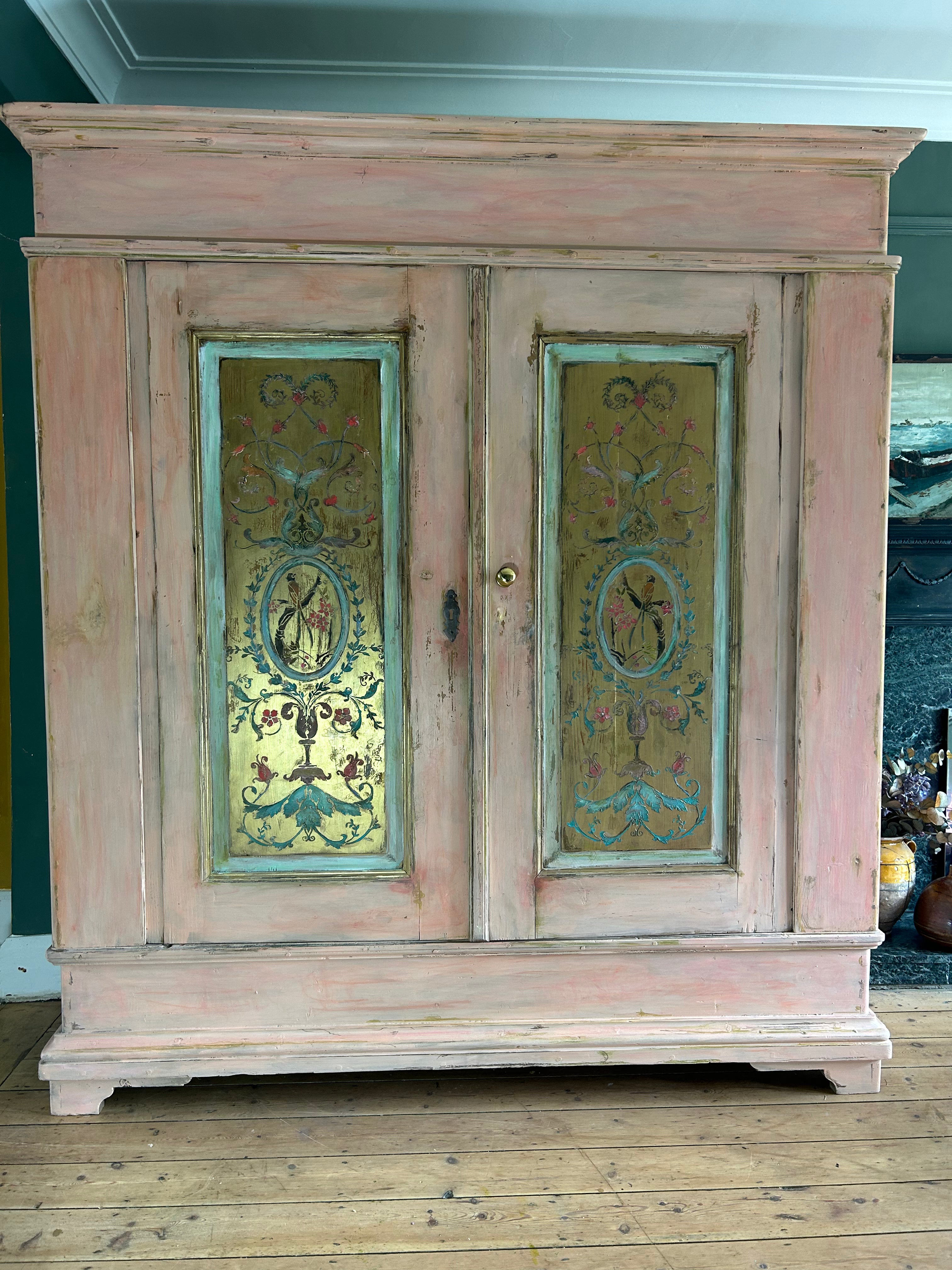 Vintage Painted Pine Large Double Wardrobe with Inlaid Chinoiserie Reserved