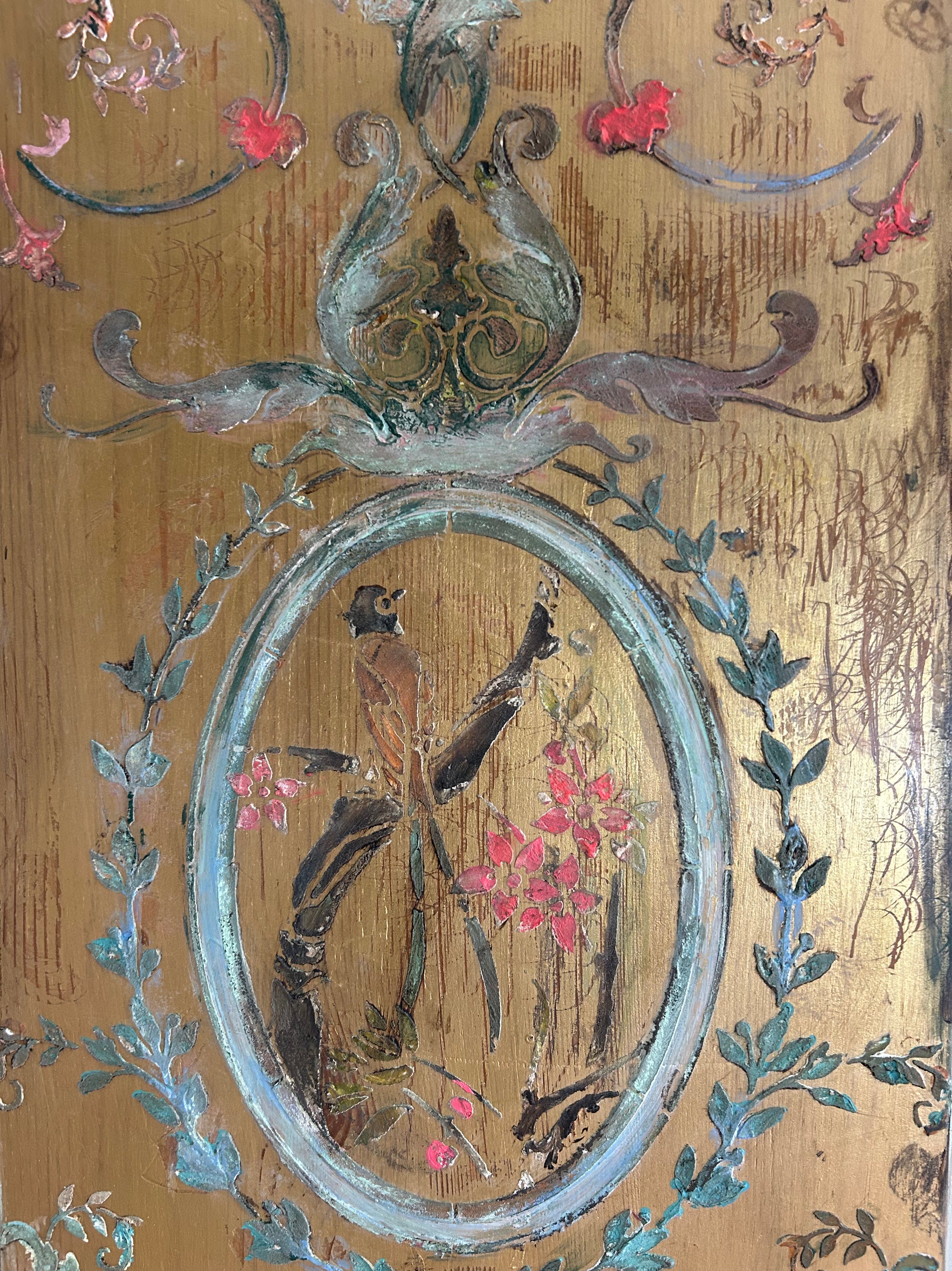 Vintage Painted Pine Large Double Wardrobe with Inlaid Chinoiserie Reserved