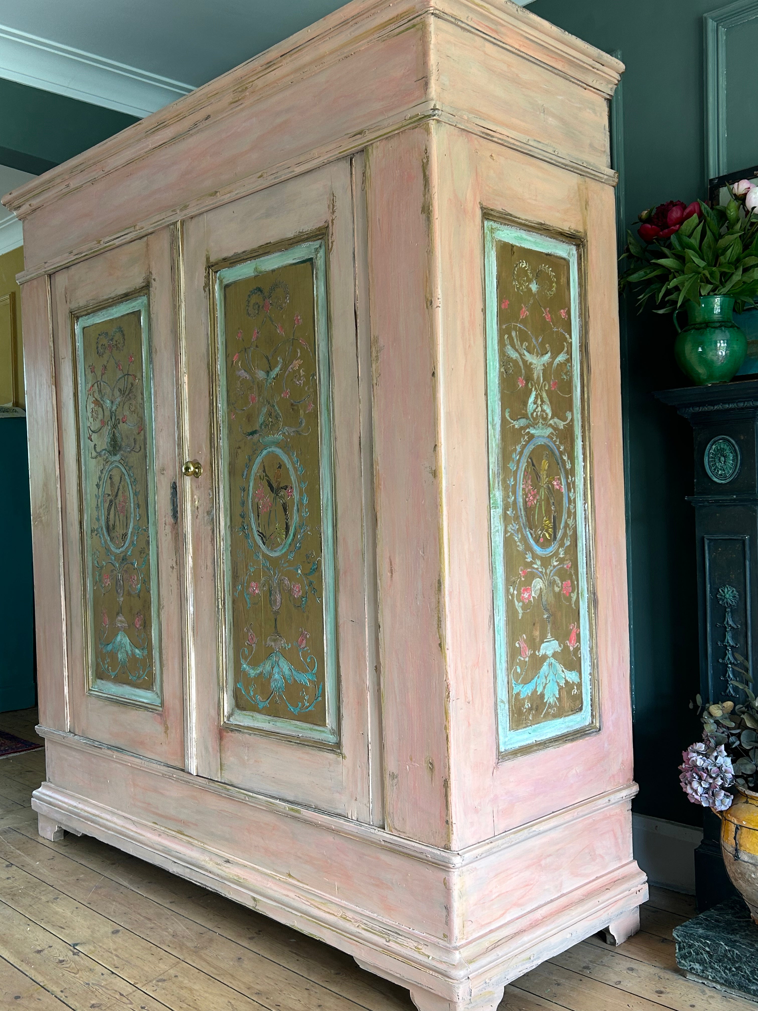 Vintage Painted Pine Large Double Wardrobe with Inlaid Chinoiserie Reserved