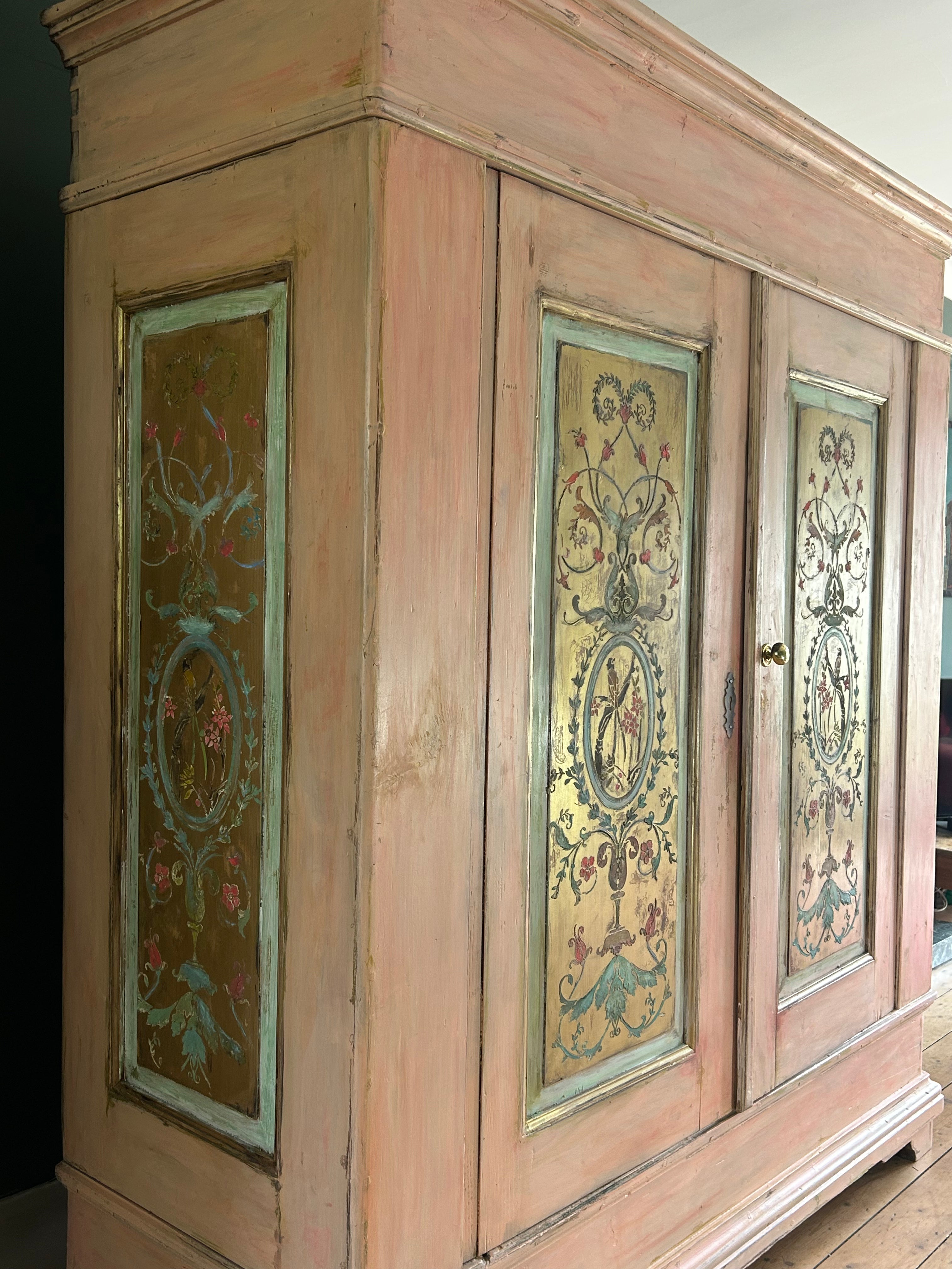 Vintage Painted Pine Large Double Wardrobe with Inlaid Chinoiserie Reserved