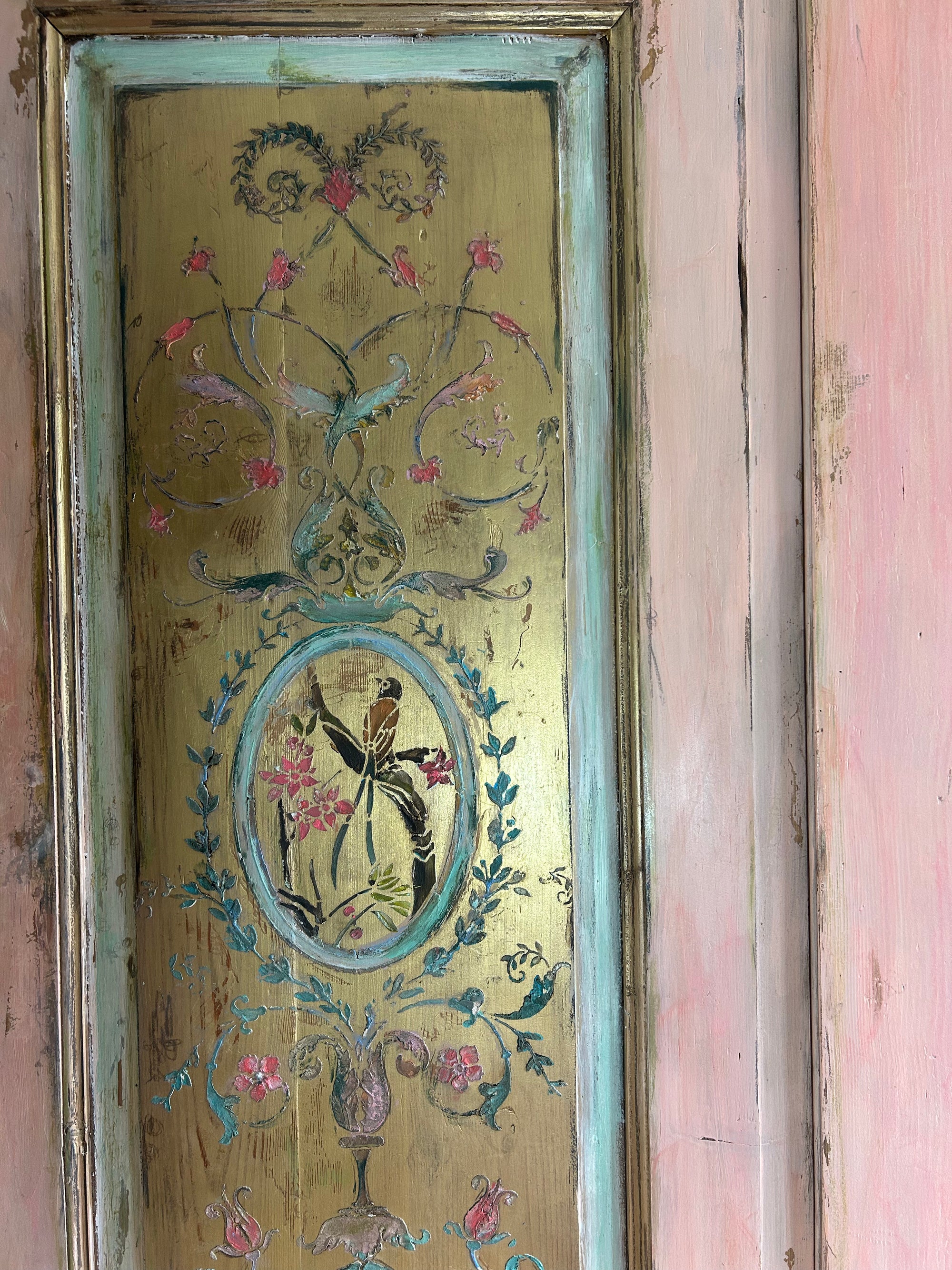 Vintage Painted Pine Large Double Wardrobe with Inlaid Chinoiserie Reserved