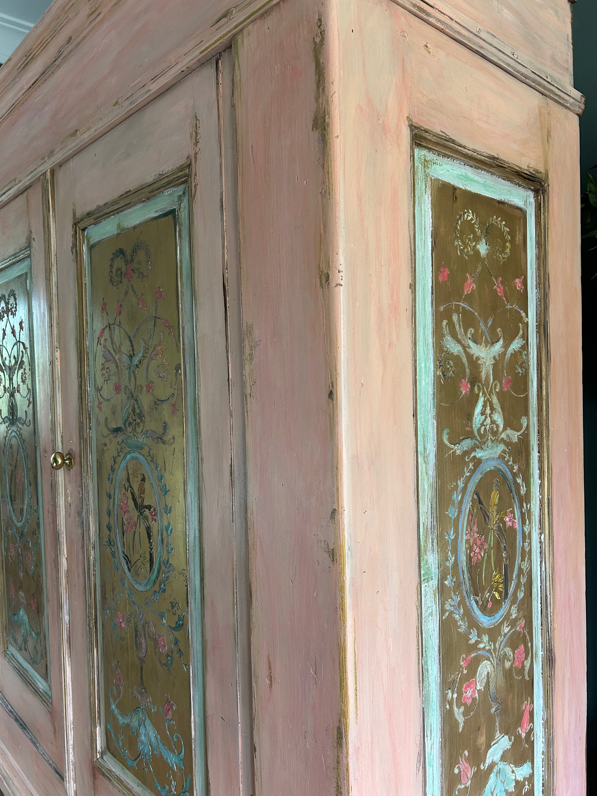 Vintage Painted Pine Large Double Wardrobe with Inlaid Chinoiserie Reserved