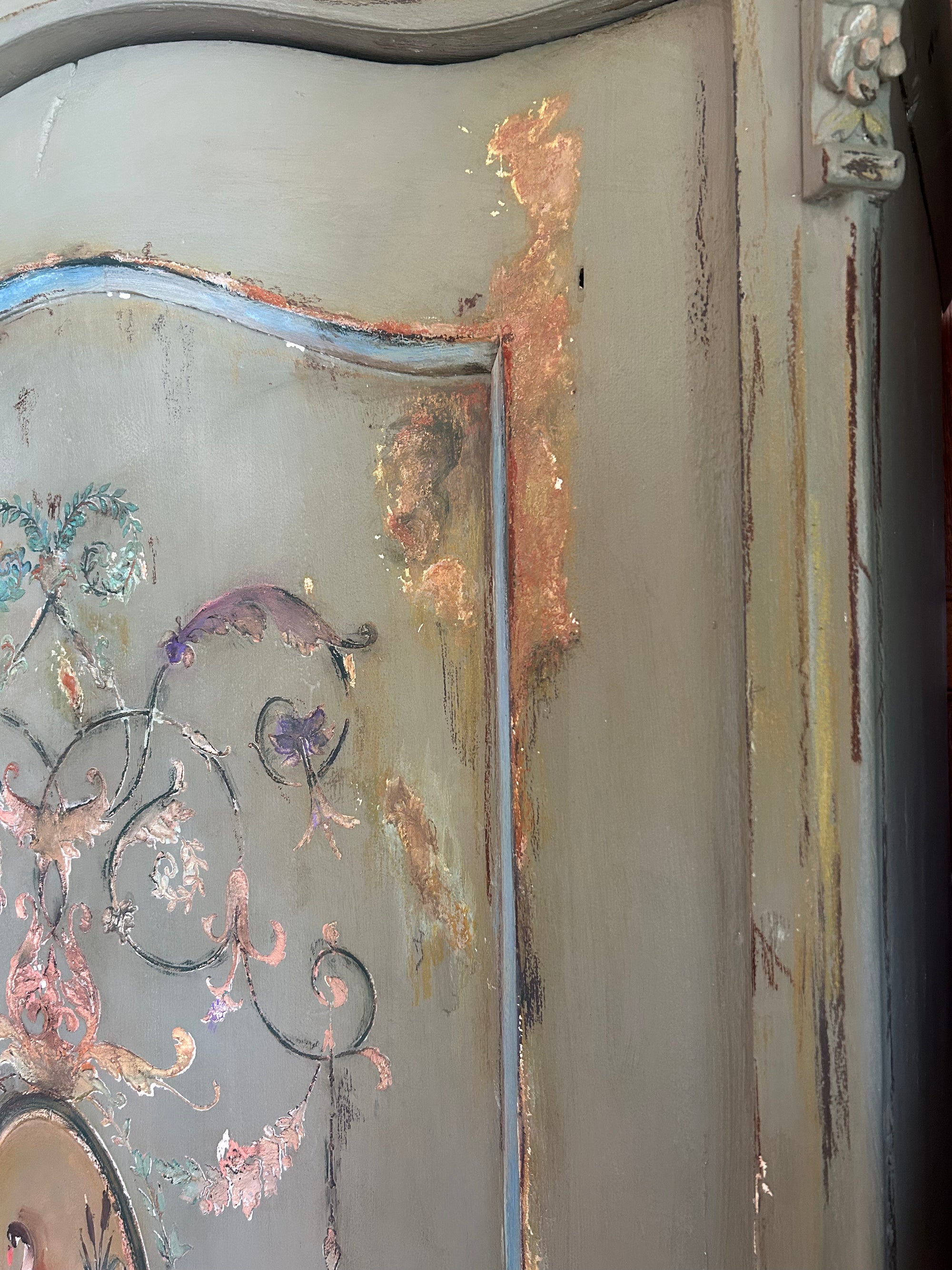 Vintage Painted Pine Wardrobe/Armoire with Inlaid swan Chinoiserie