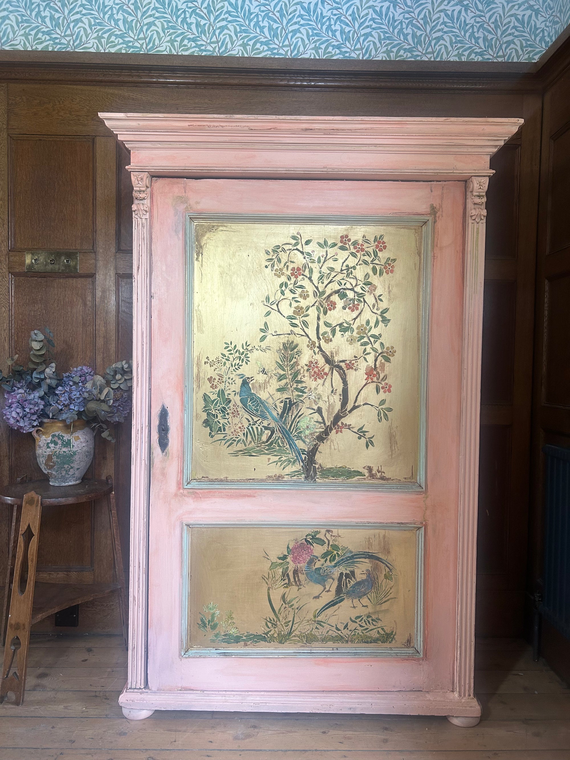 Vintage Painted Pine Linen Press/Armoire with Inlaid Chinoiserie