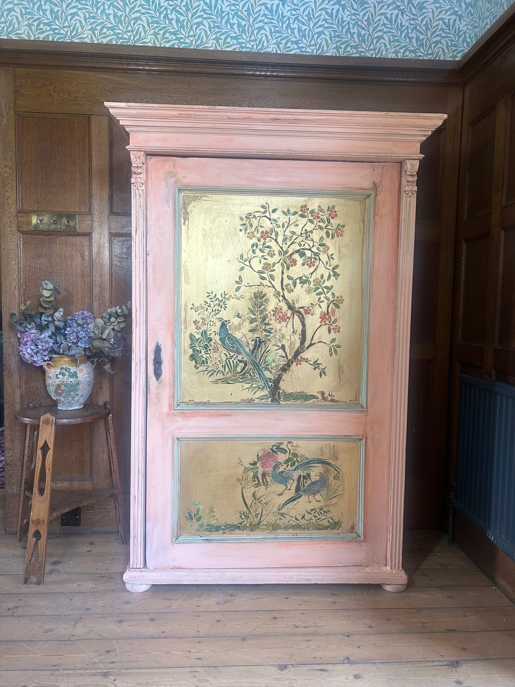 Vintage Painted Pine Linen Press/Armoire with Inlaid Chinoiserie