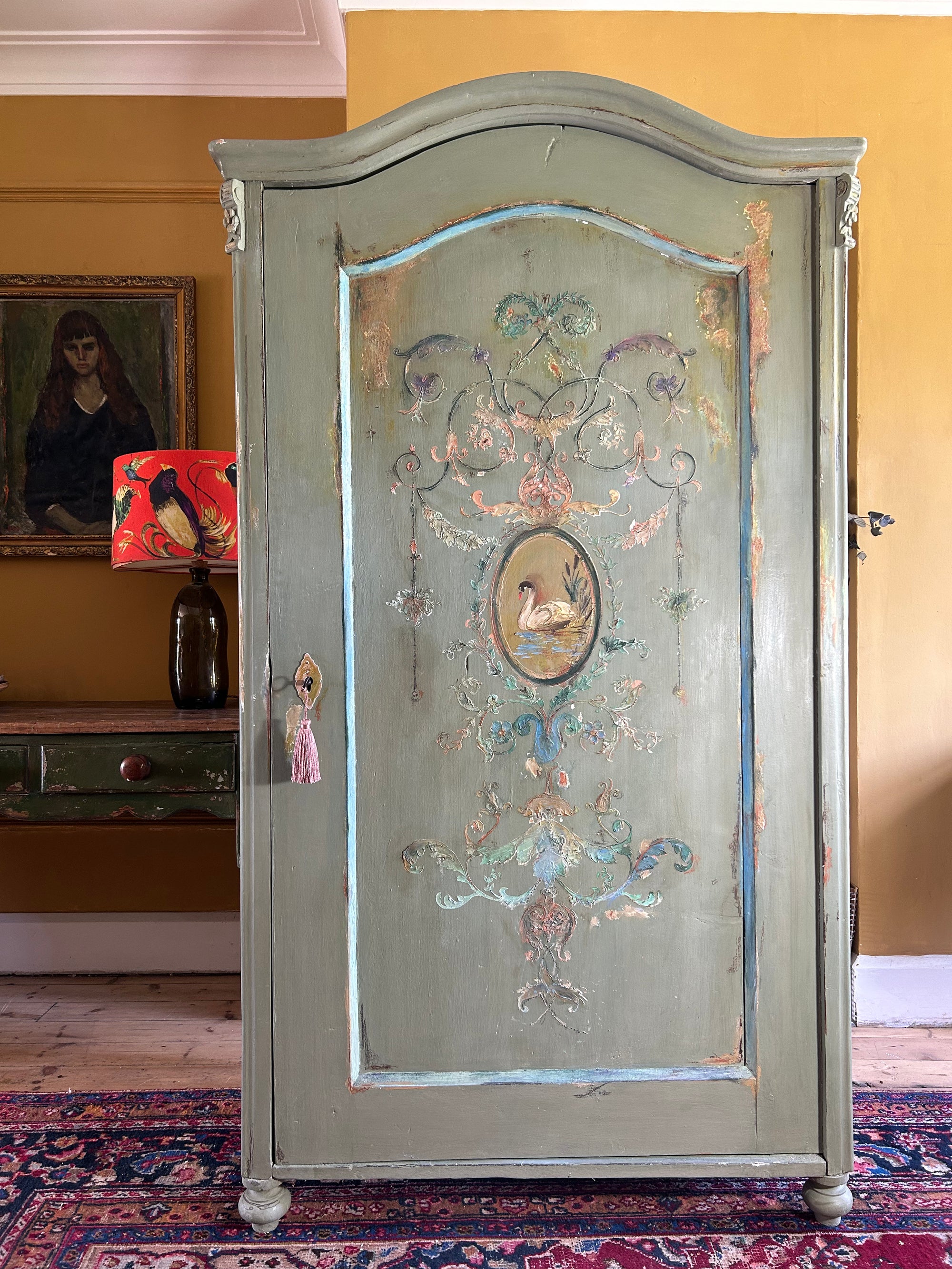 Vintage Painted Pine Wardrobe/Armoire with Inlaid swan Chinoiserie