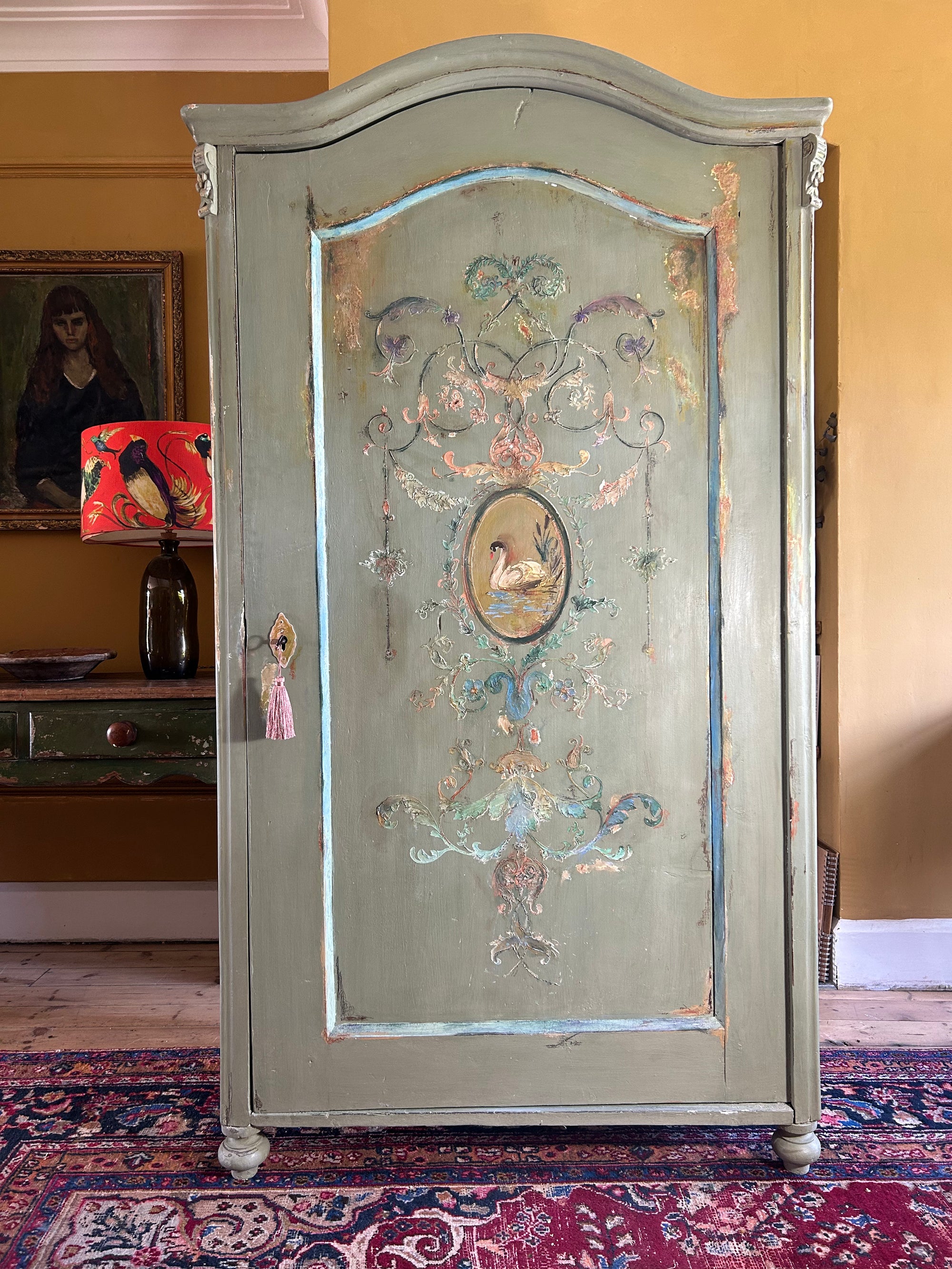 Vintage Painted Pine Wardrobe/Armoire with Inlaid swan Chinoiserie