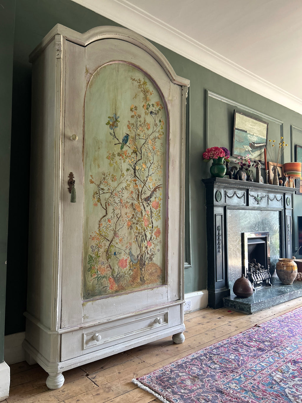Vintage Painted Linen Press/Armoire with Inlaid Chinoiserie