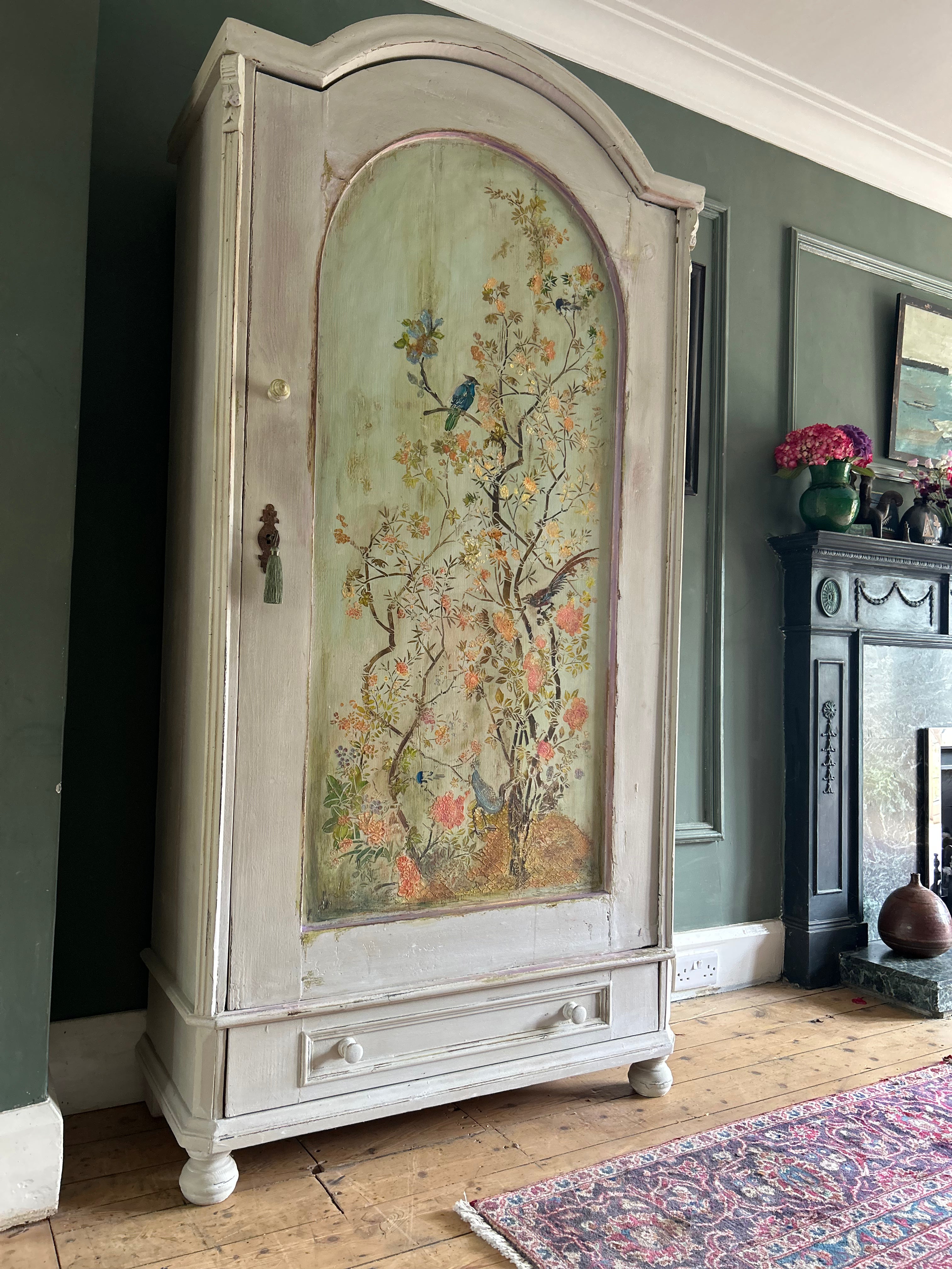Vintage Painted Linen Press/Armoire with Inlaid Chinoiserie