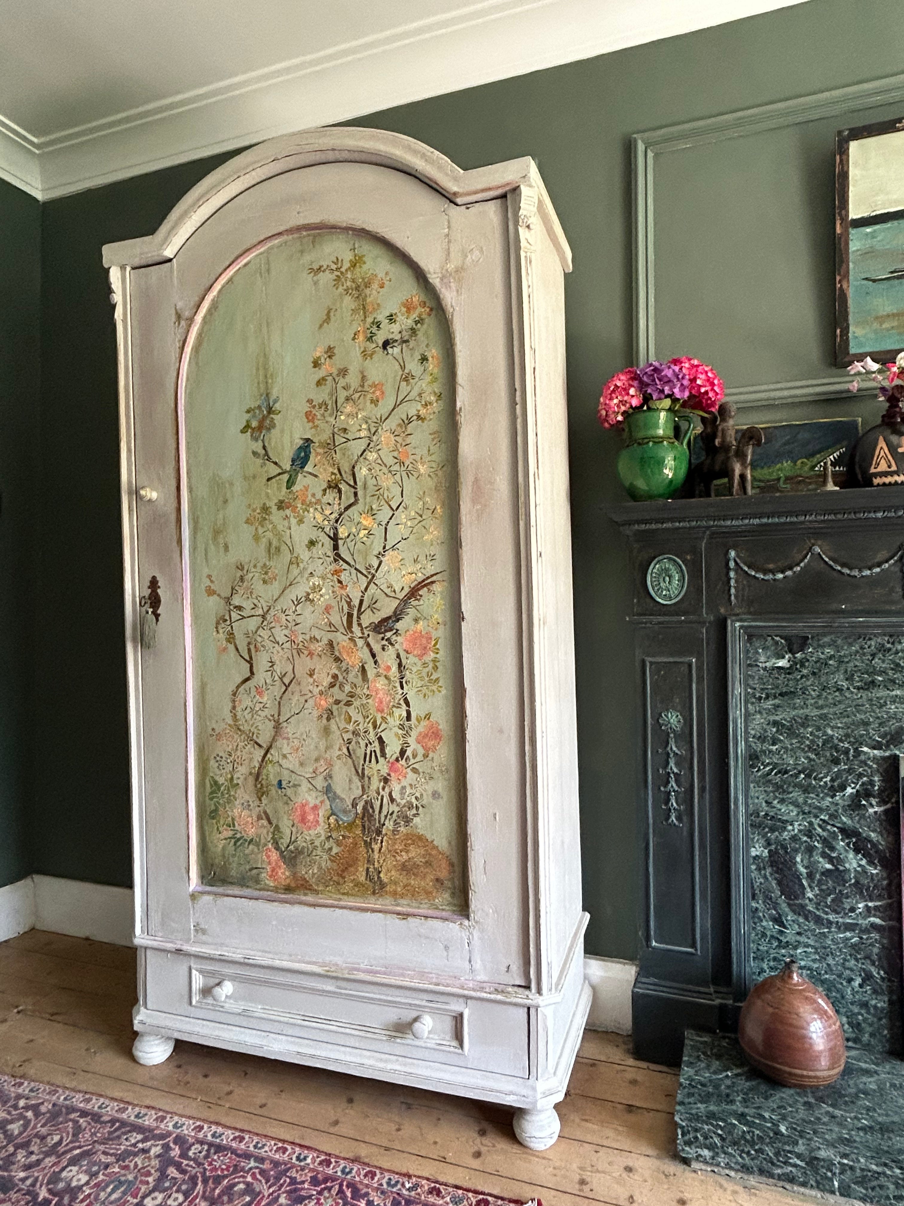 Vintage Painted Linen Press/Armoire with Inlaid Chinoiserie