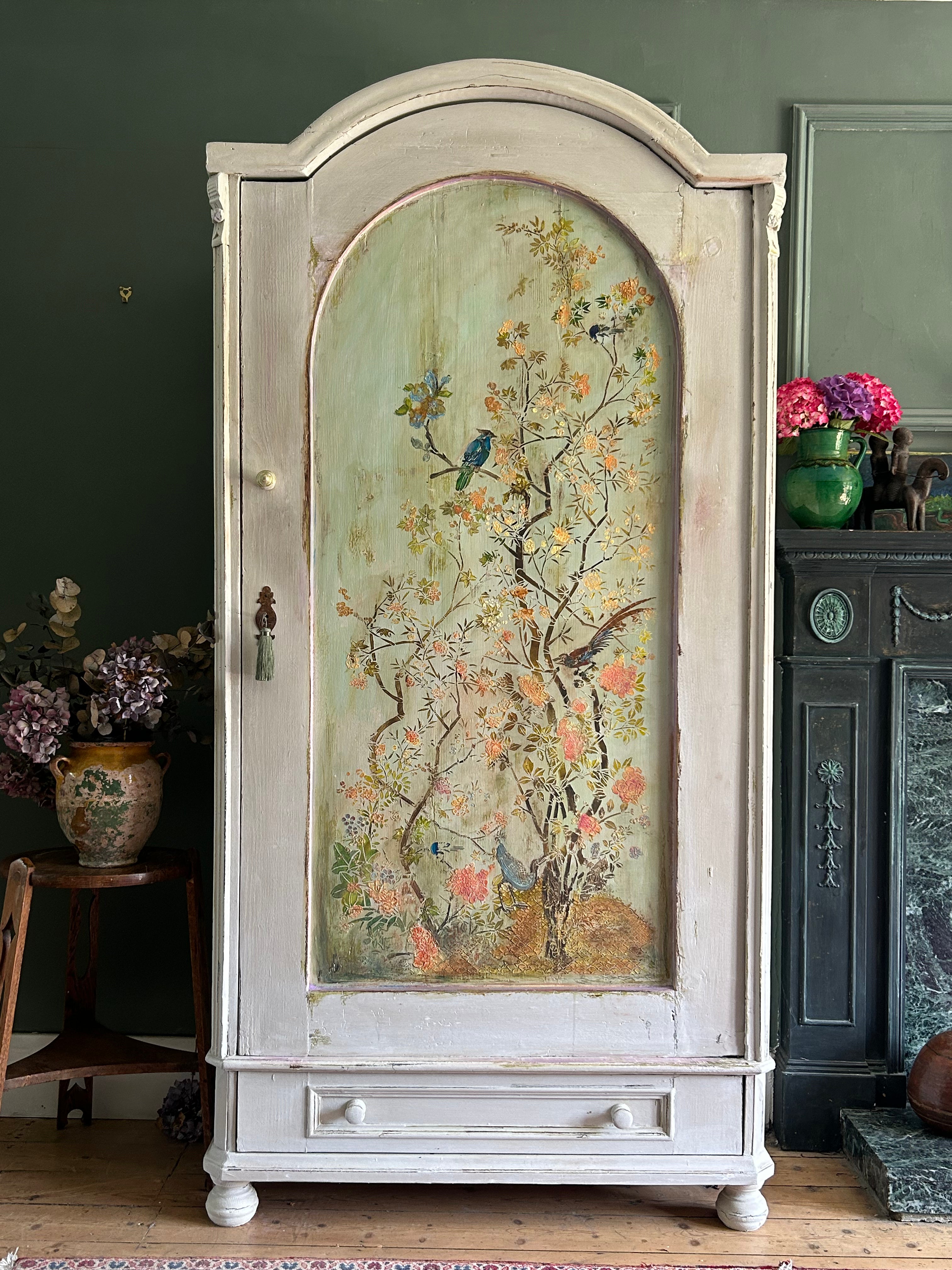 Vintage Painted Linen Press/Armoire with Inlaid Chinoiserie