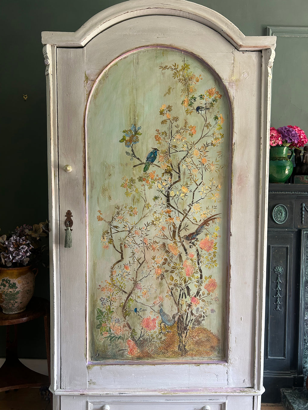 Vintage Painted Linen Press/Armoire with Inlaid Chinoiserie
