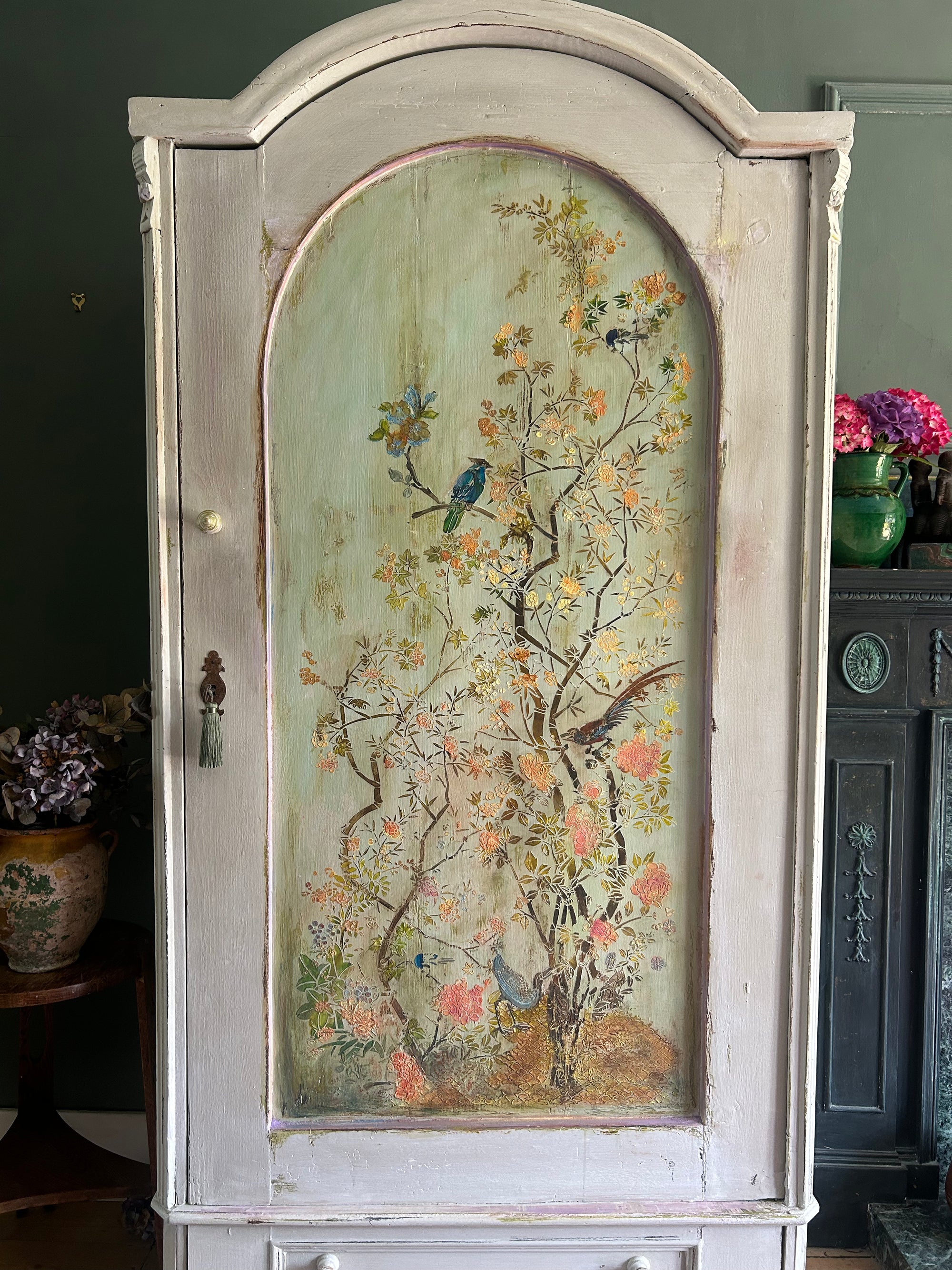 Vintage Painted Linen Press/Armoire with Inlaid Chinoiserie