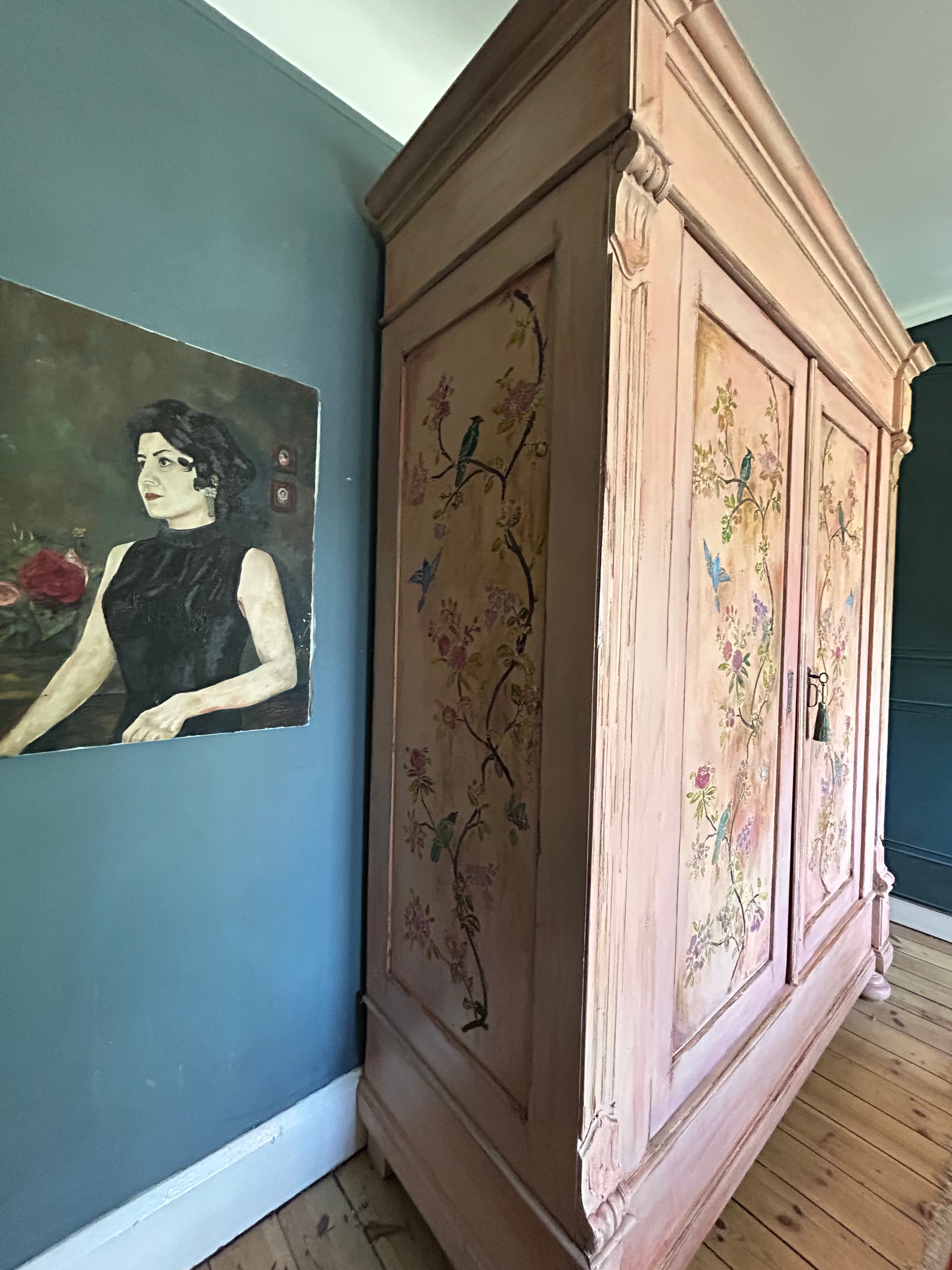 Vintage Painted Pine Double Wardrobe with Inlaid Chinoiserie