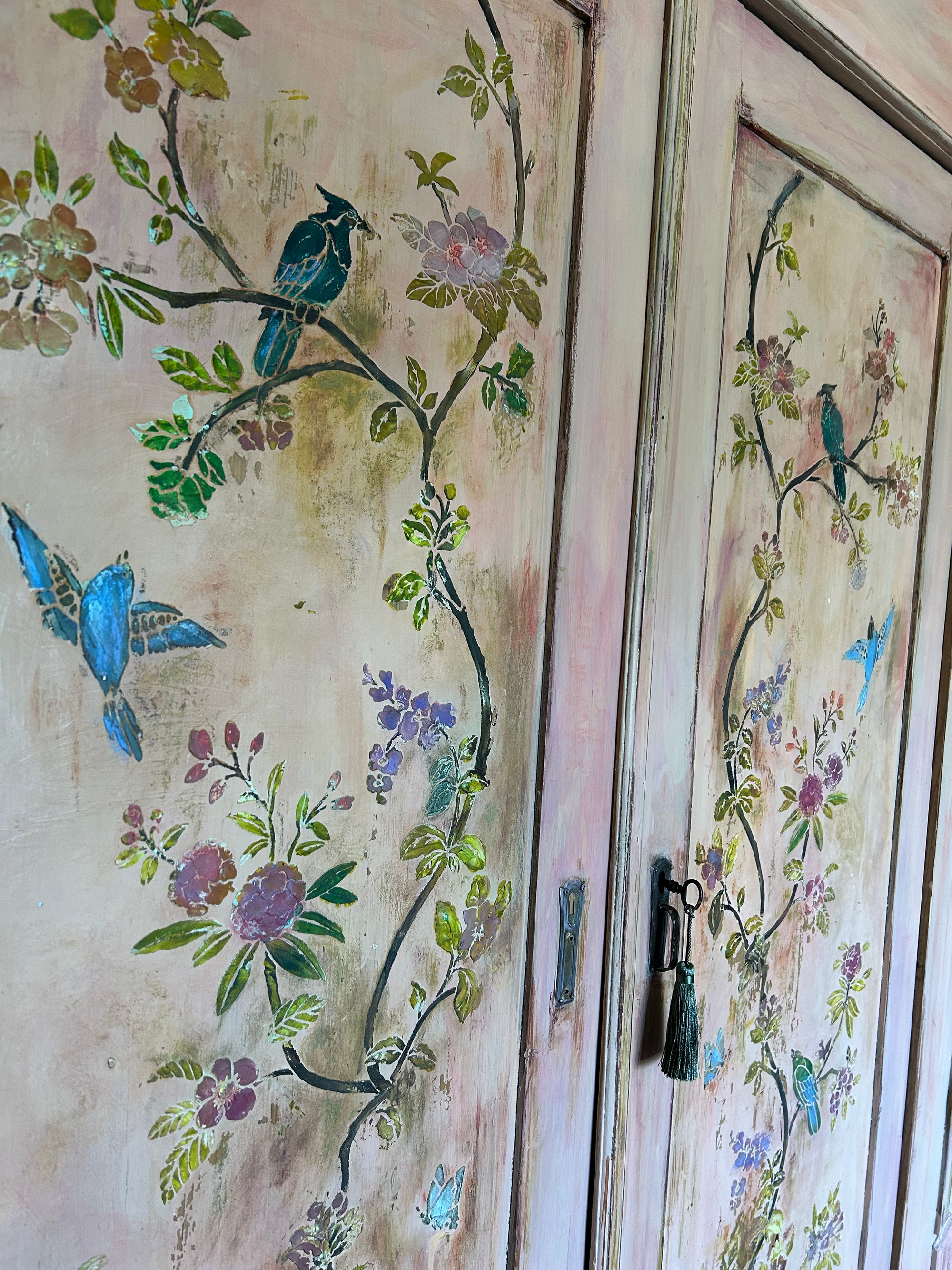 Vintage Painted Pine Double Wardrobe with Inlaid Chinoiserie