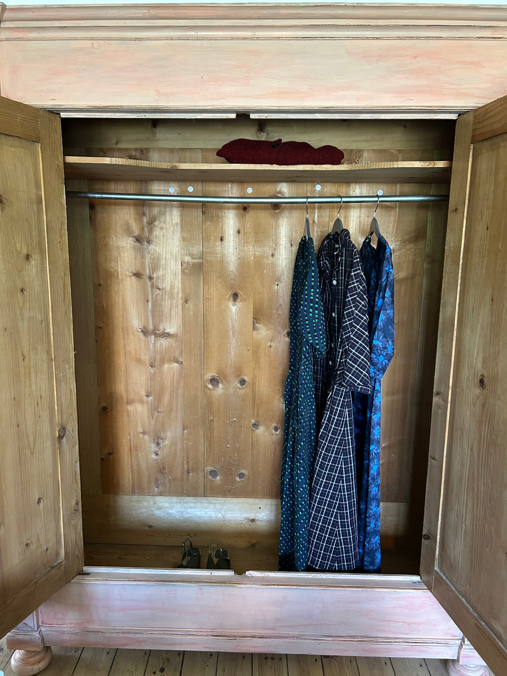 Vintage Painted Pine Double Wardrobe with Inlaid Chinoiserie