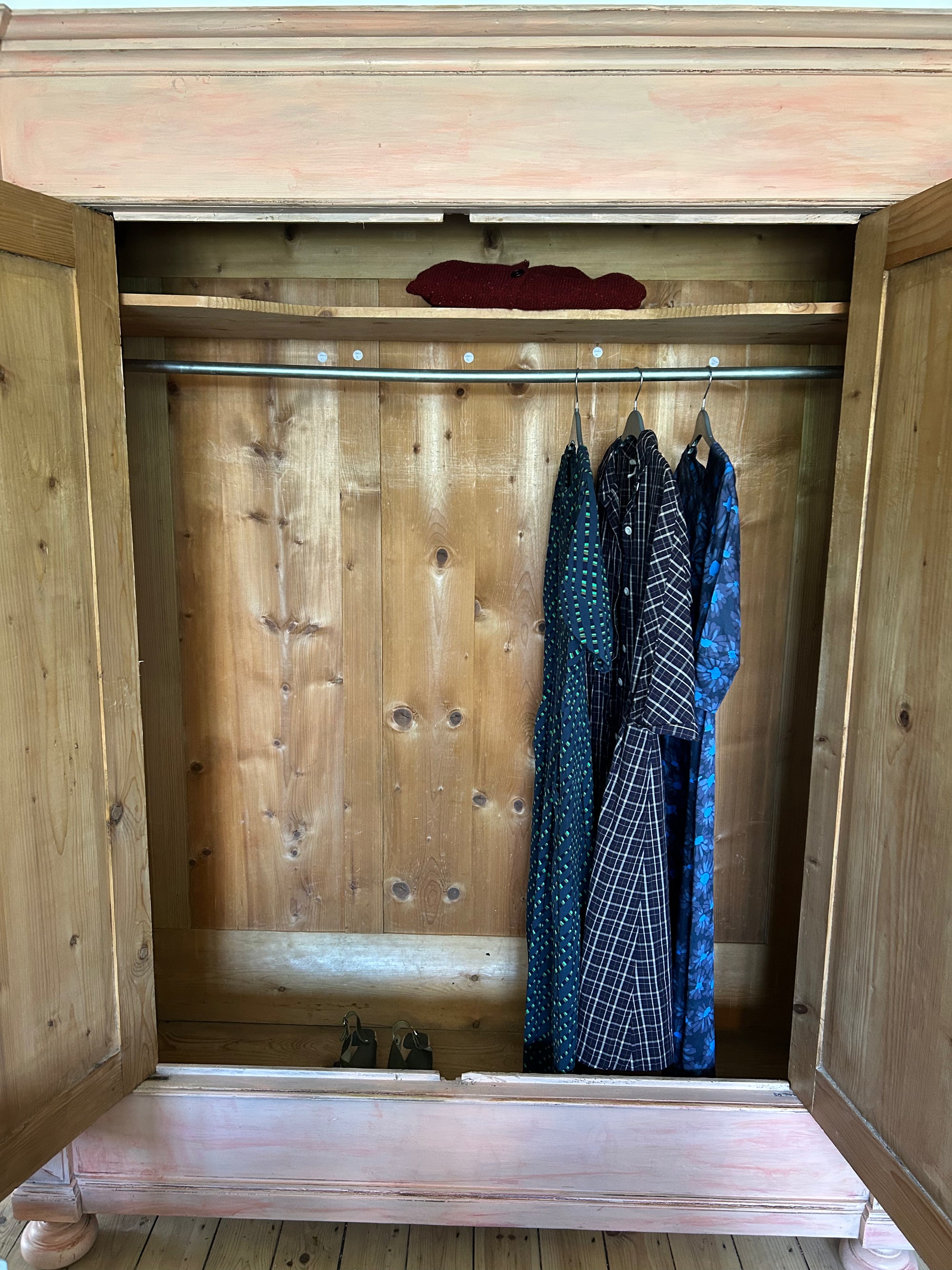 Vintage Painted Pine Double Wardrobe with Inlaid Chinoiserie