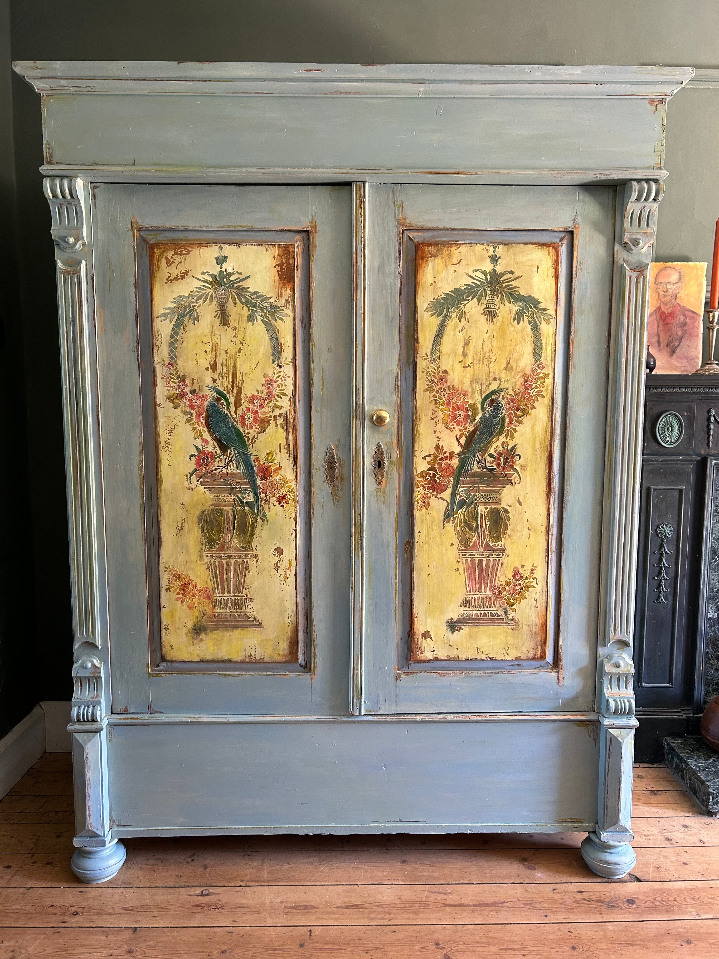 Vintage Painted Pine Wardrobe with Inlaid Chinoiserie