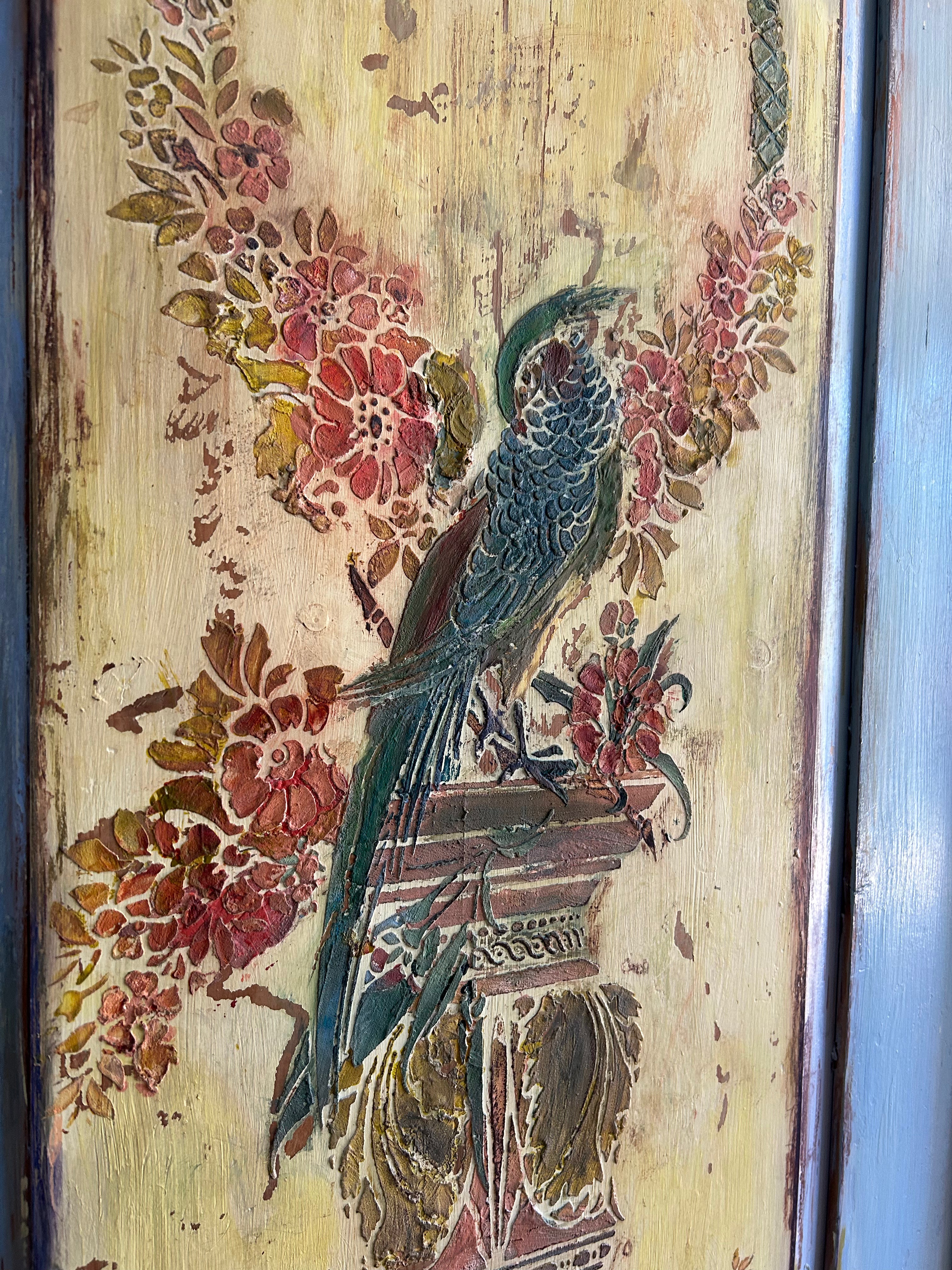 Vintage Painted Pine Wardrobe with Inlaid Chinoiserie