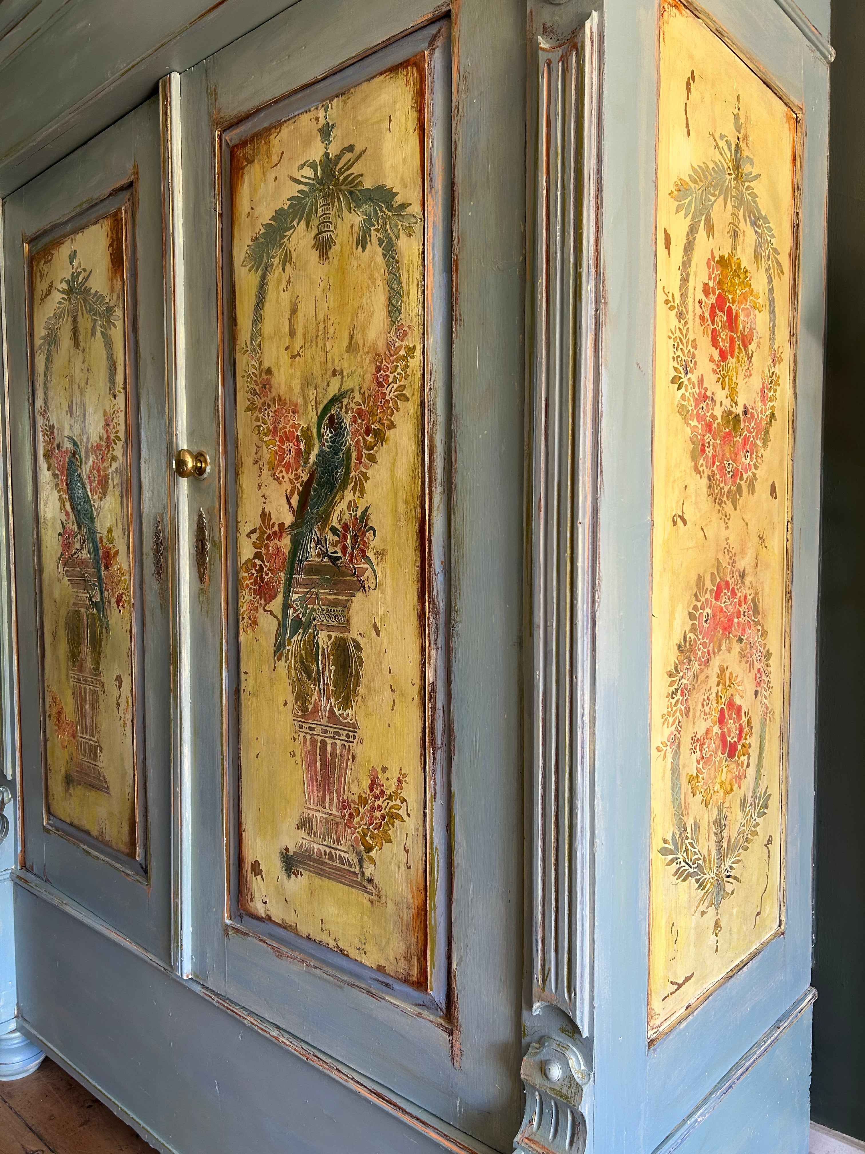 Vintage Painted Pine Wardrobe with Inlaid Chinoiserie
