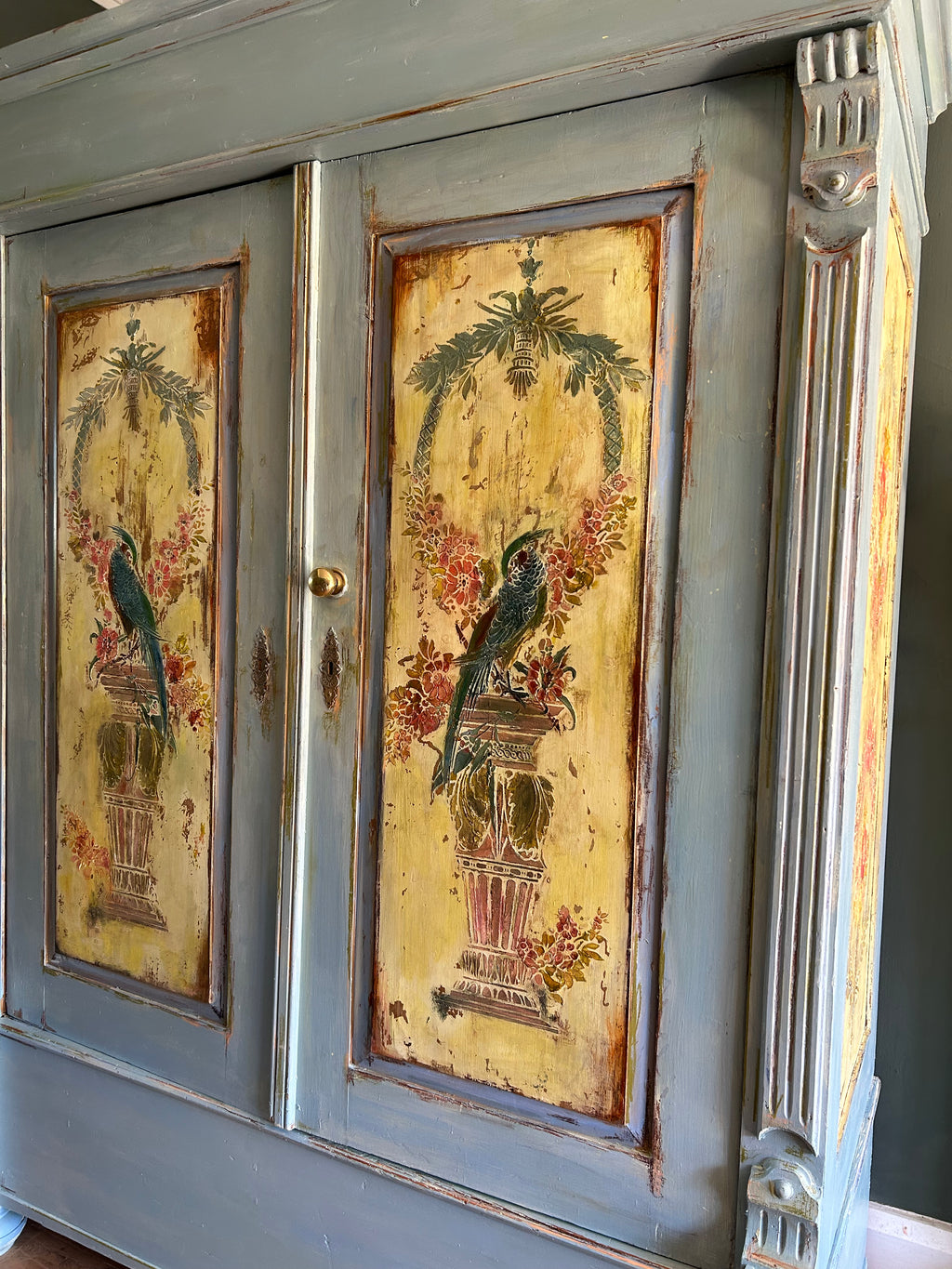 Vintage Painted Pine Wardrobe with Inlaid Chinoiserie