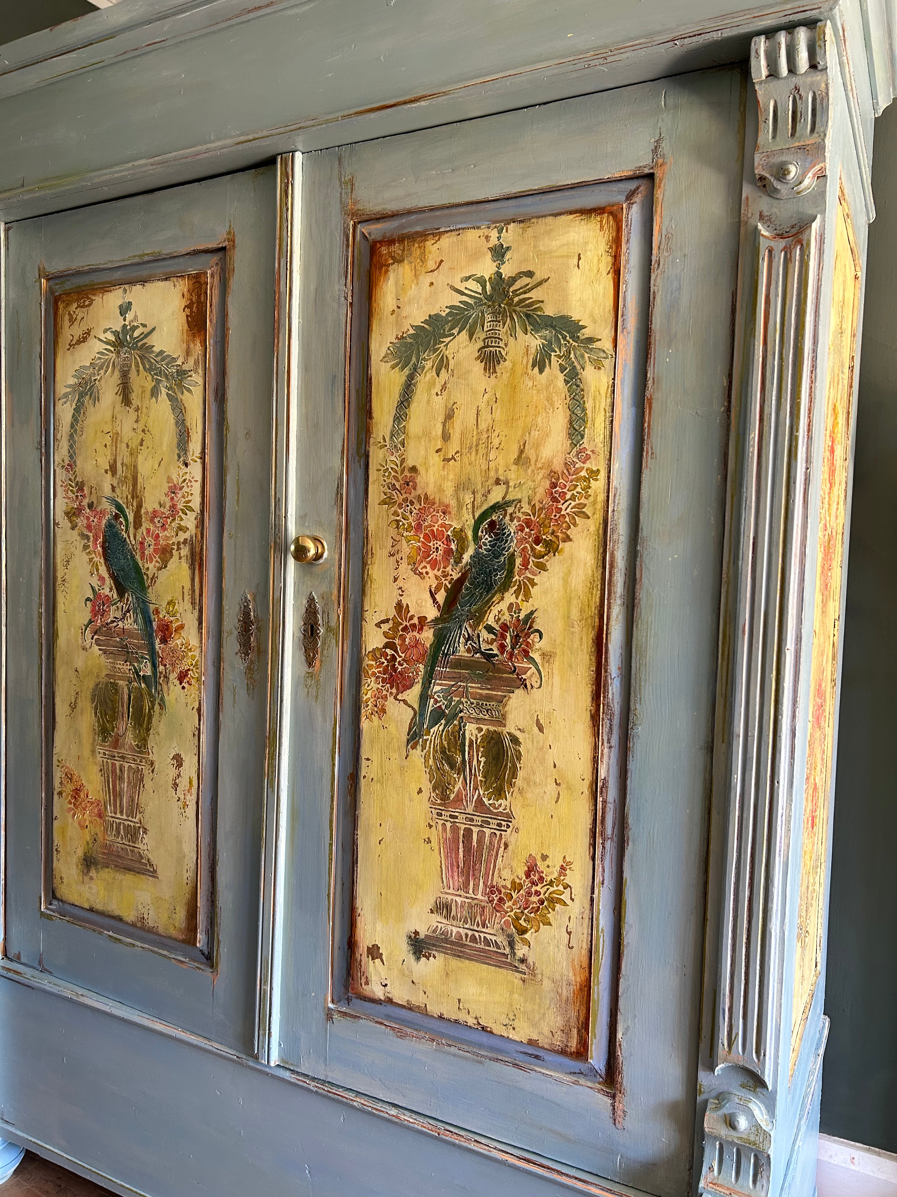 Vintage Painted Pine Wardrobe with Inlaid Chinoiserie