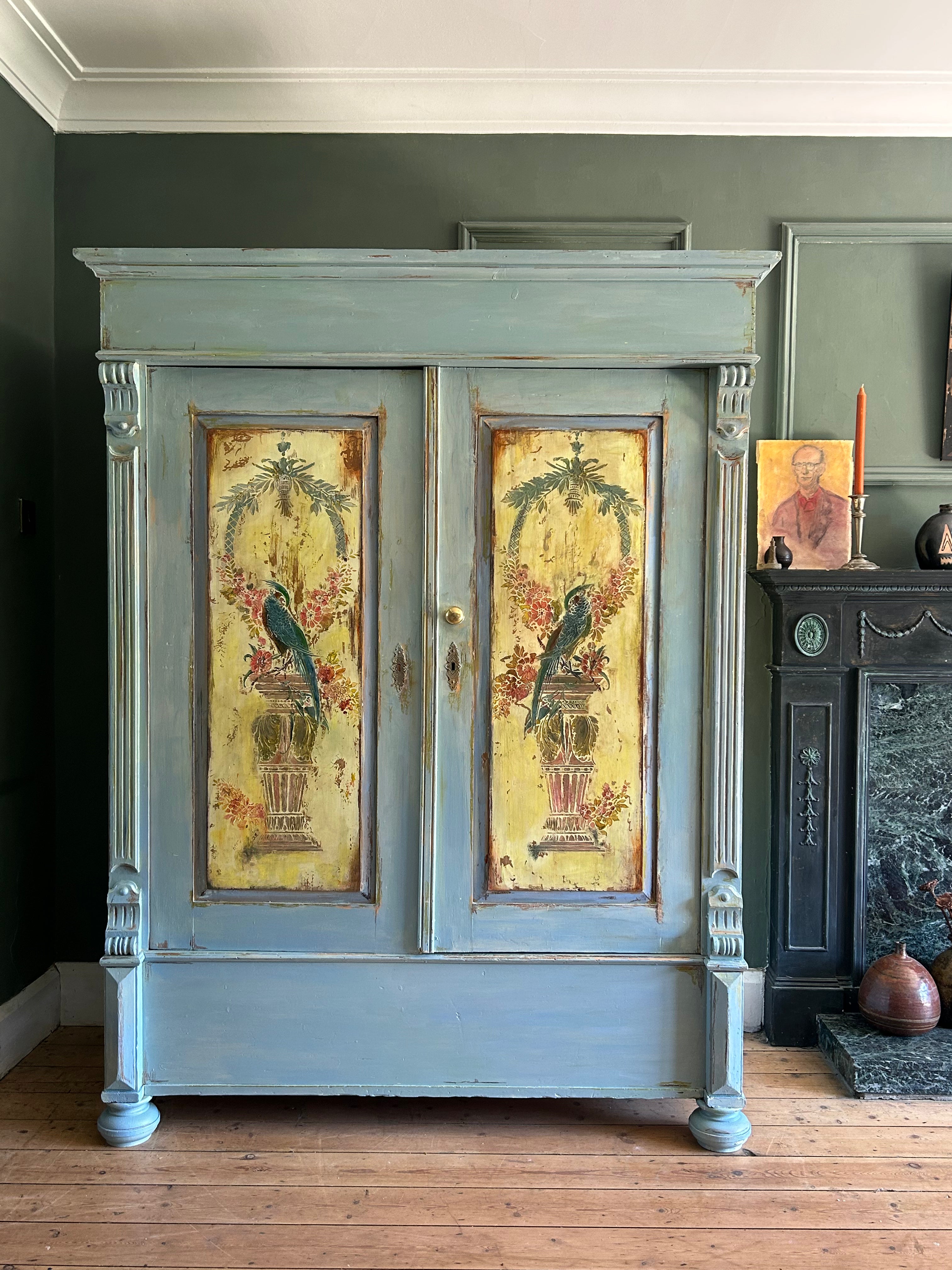 Vintage Painted Pine Wardrobe with Inlaid Chinoiserie