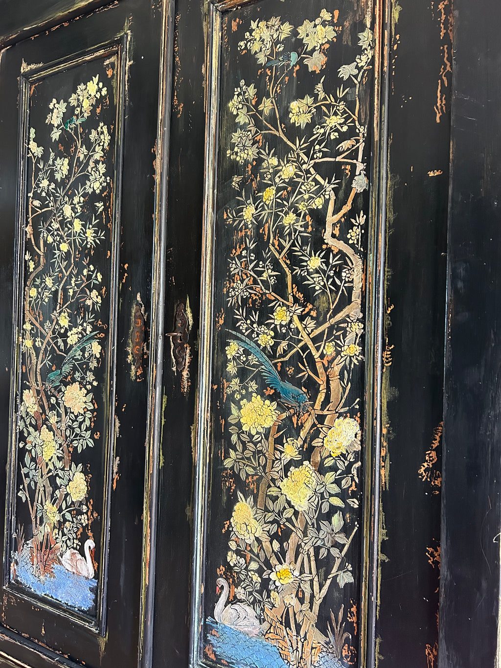 Vintage Painted Pine Wardrobe with Inlaid Chinoiserie