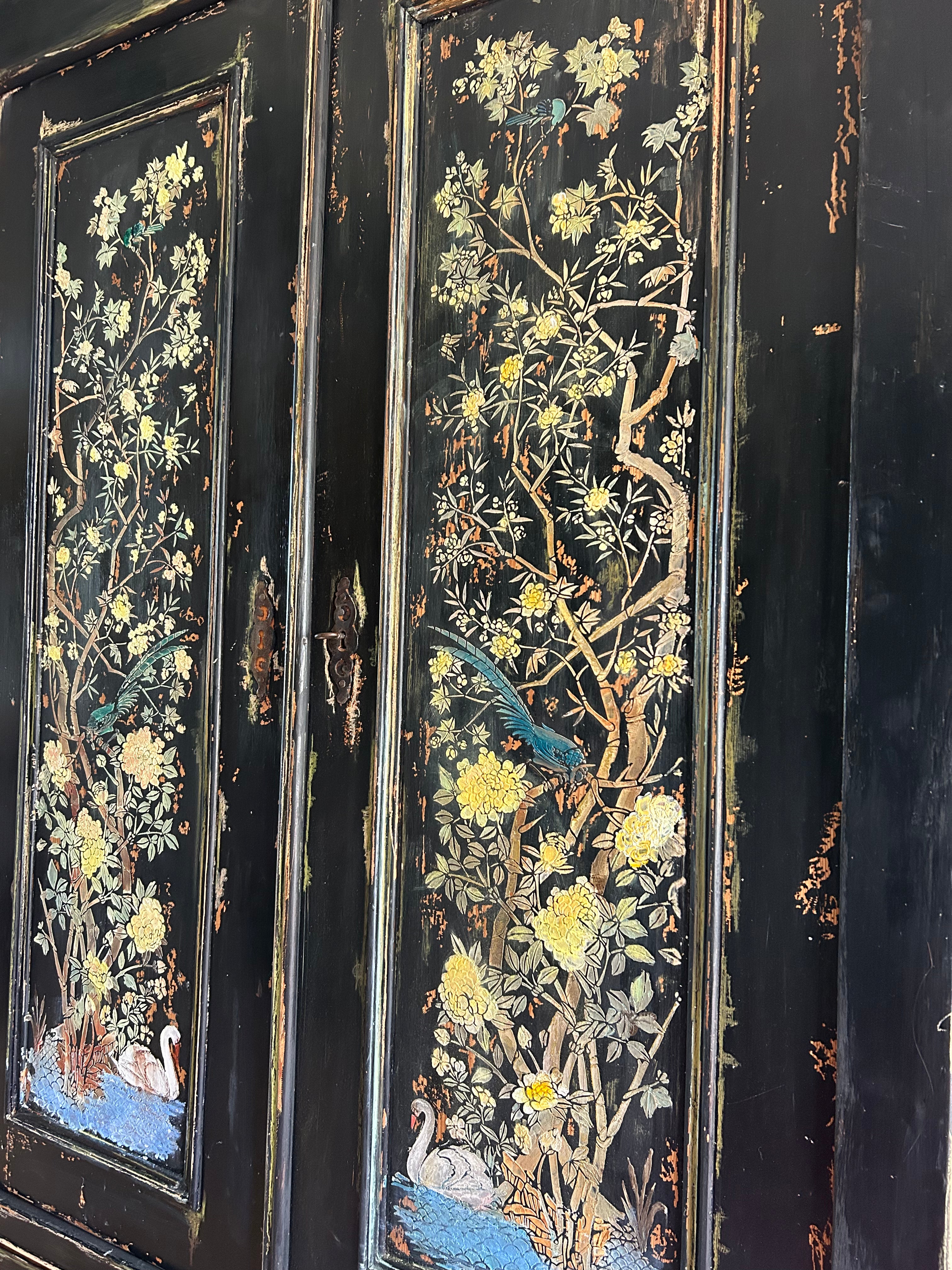 Vintage Painted Pine Wardrobe with Inlaid Chinoiserie