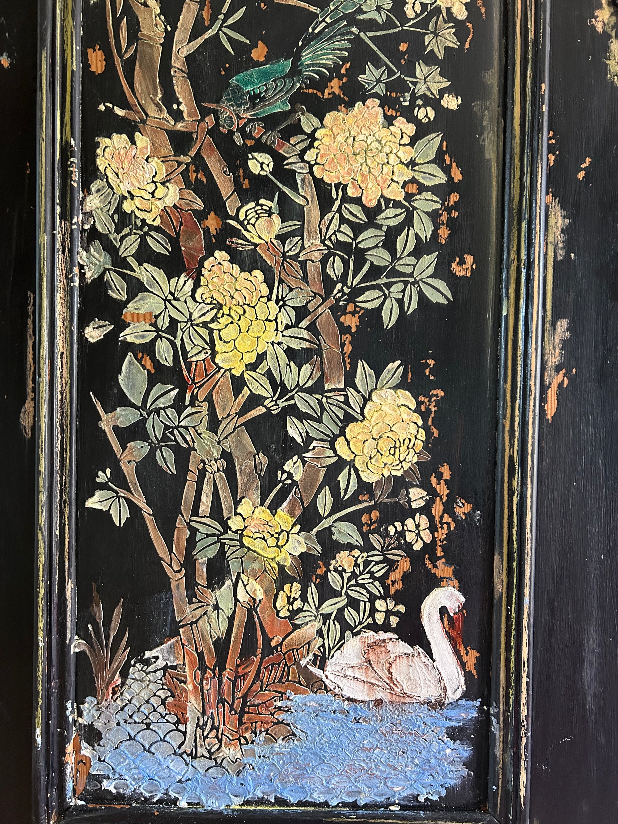 Vintage Painted Pine Wardrobe with Inlaid Chinoiserie