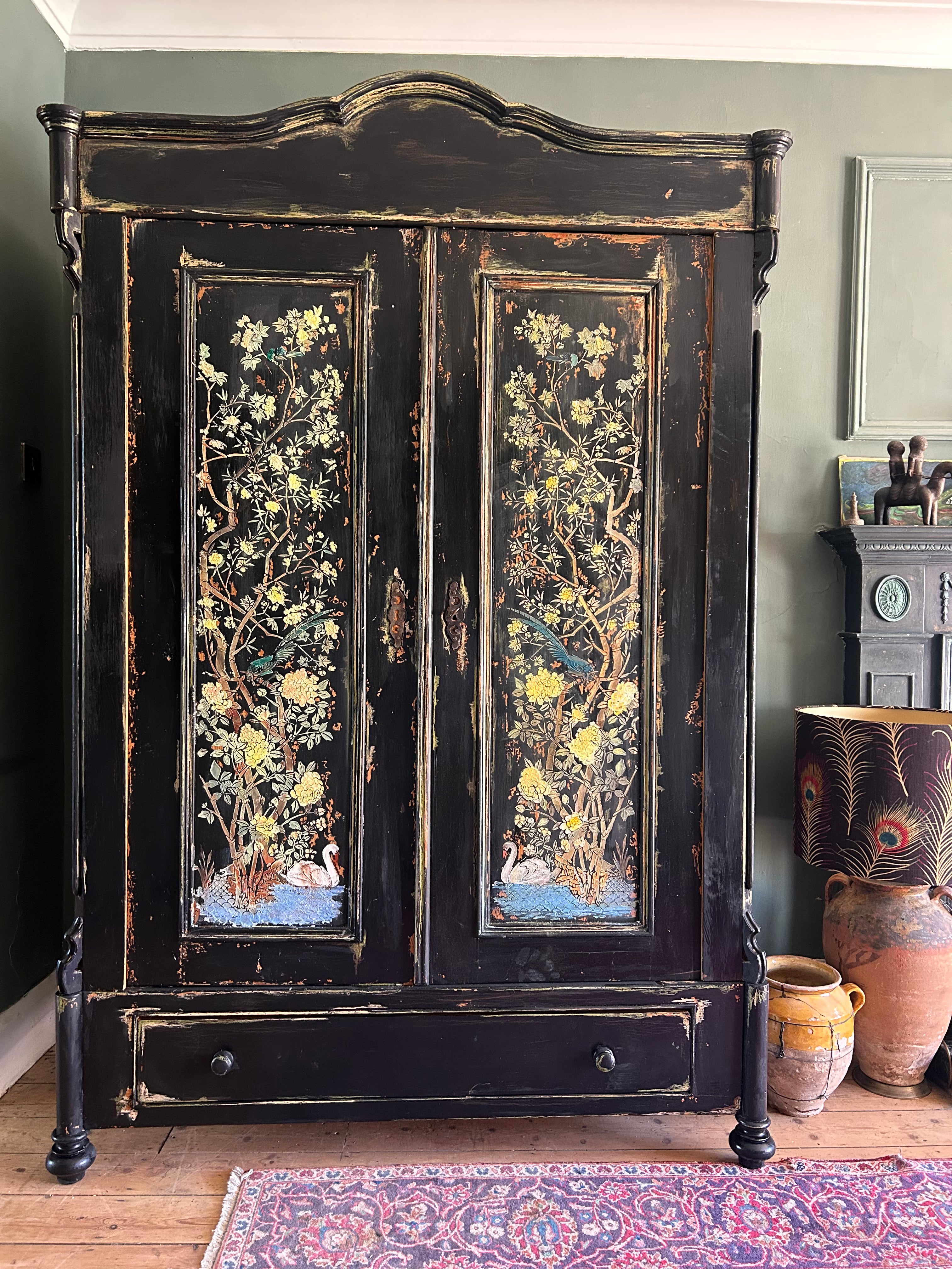 Vintage Painted Pine Wardrobe with Inlaid Chinoiserie