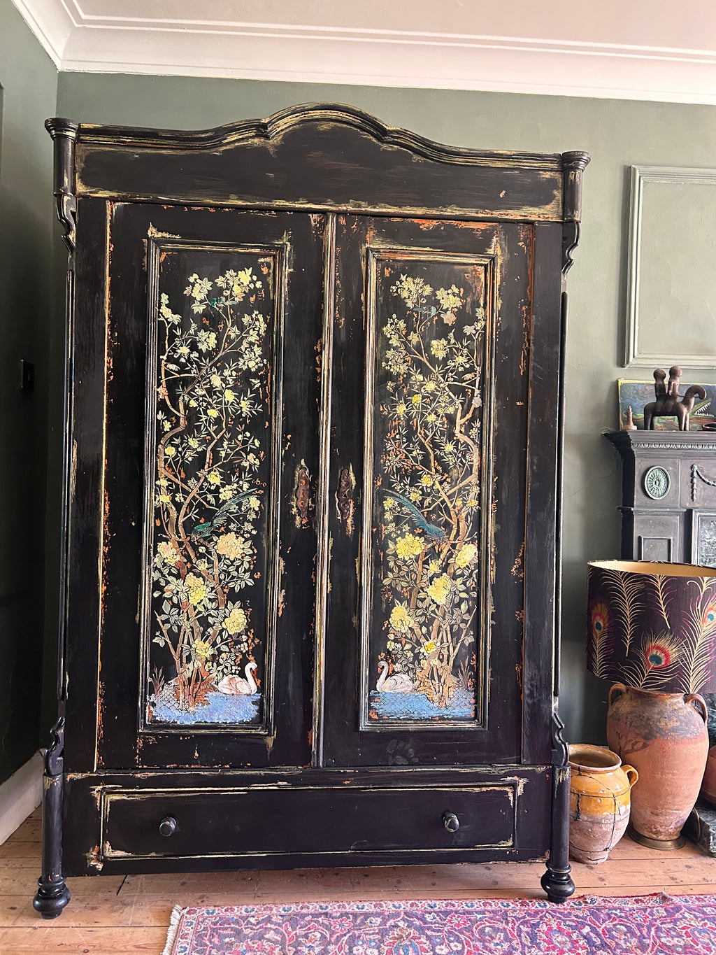 Vintage Painted Pine Wardrobe with Inlaid Chinoiserie