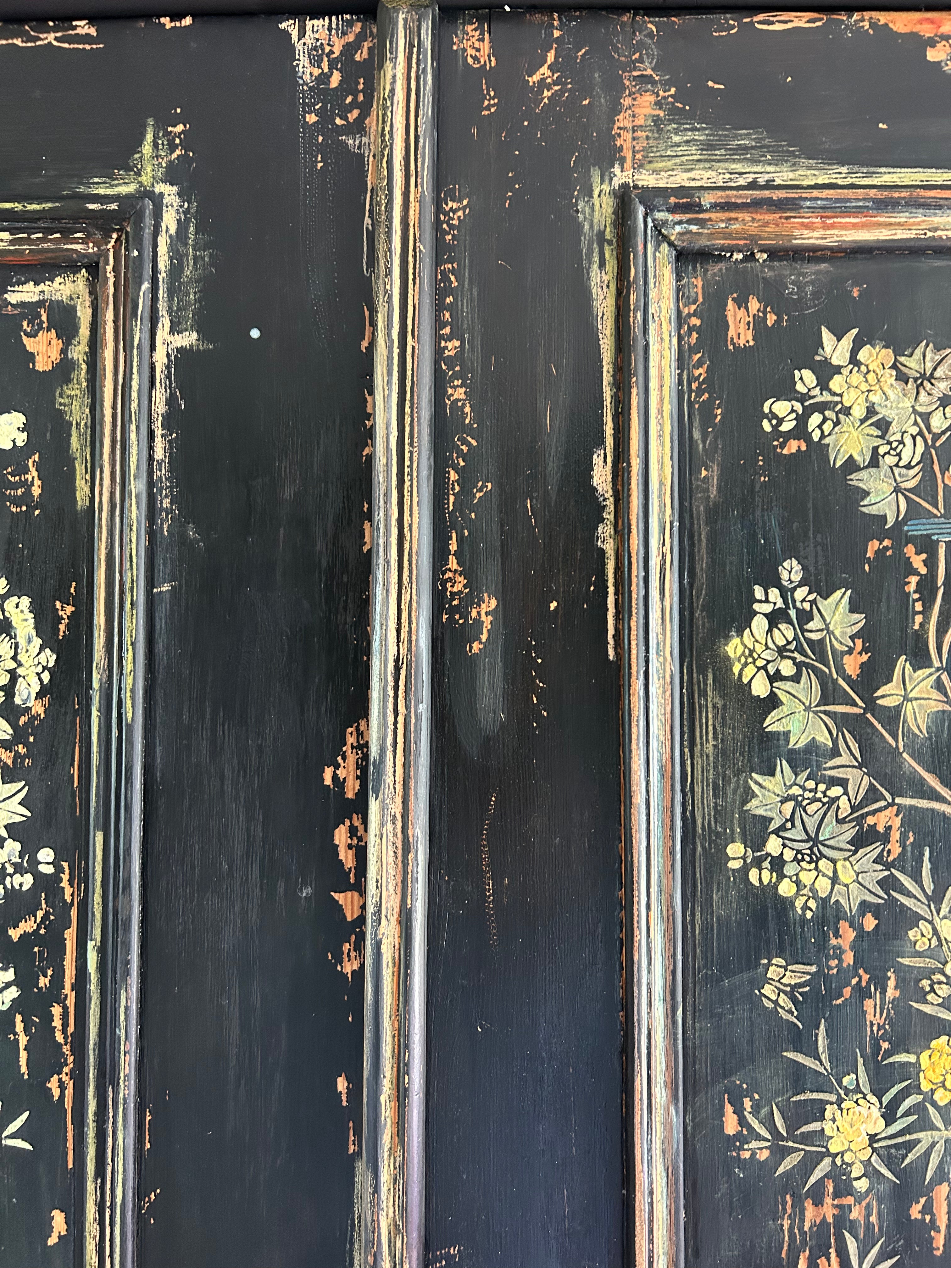 Vintage Painted Pine Wardrobe with Inlaid Chinoiserie