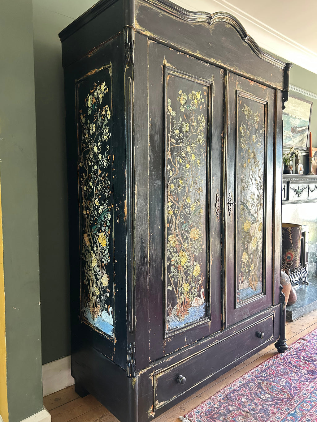 Vintage Painted Pine Wardrobe with Inlaid Chinoiserie