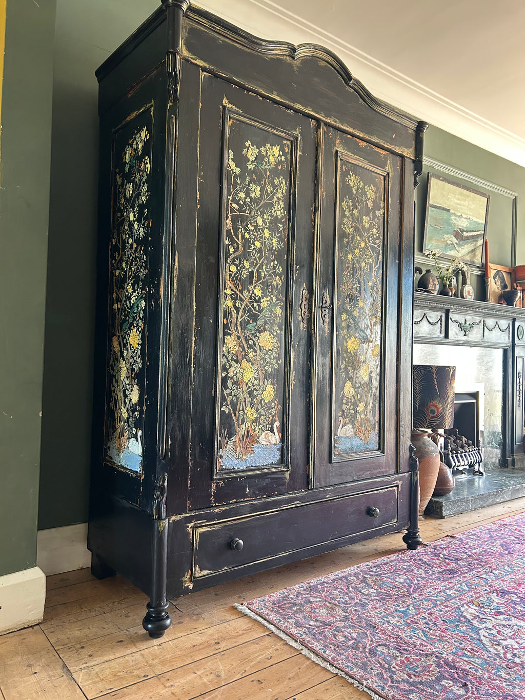 Vintage Painted Pine Wardrobe with Inlaid Chinoiserie