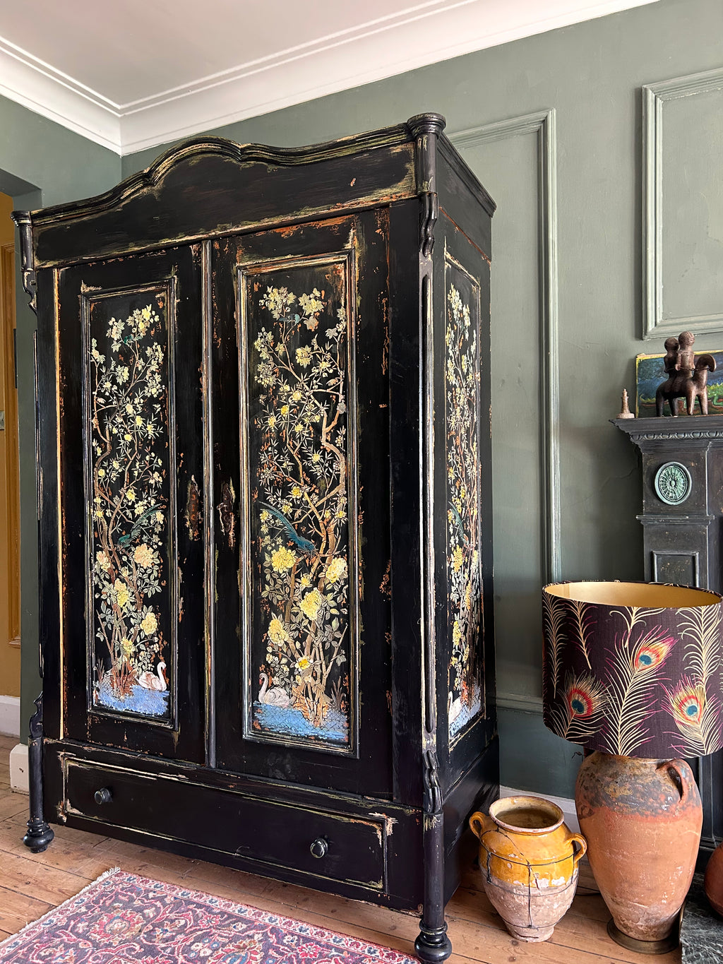 Vintage Painted Pine Wardrobe with Inlaid Chinoiserie