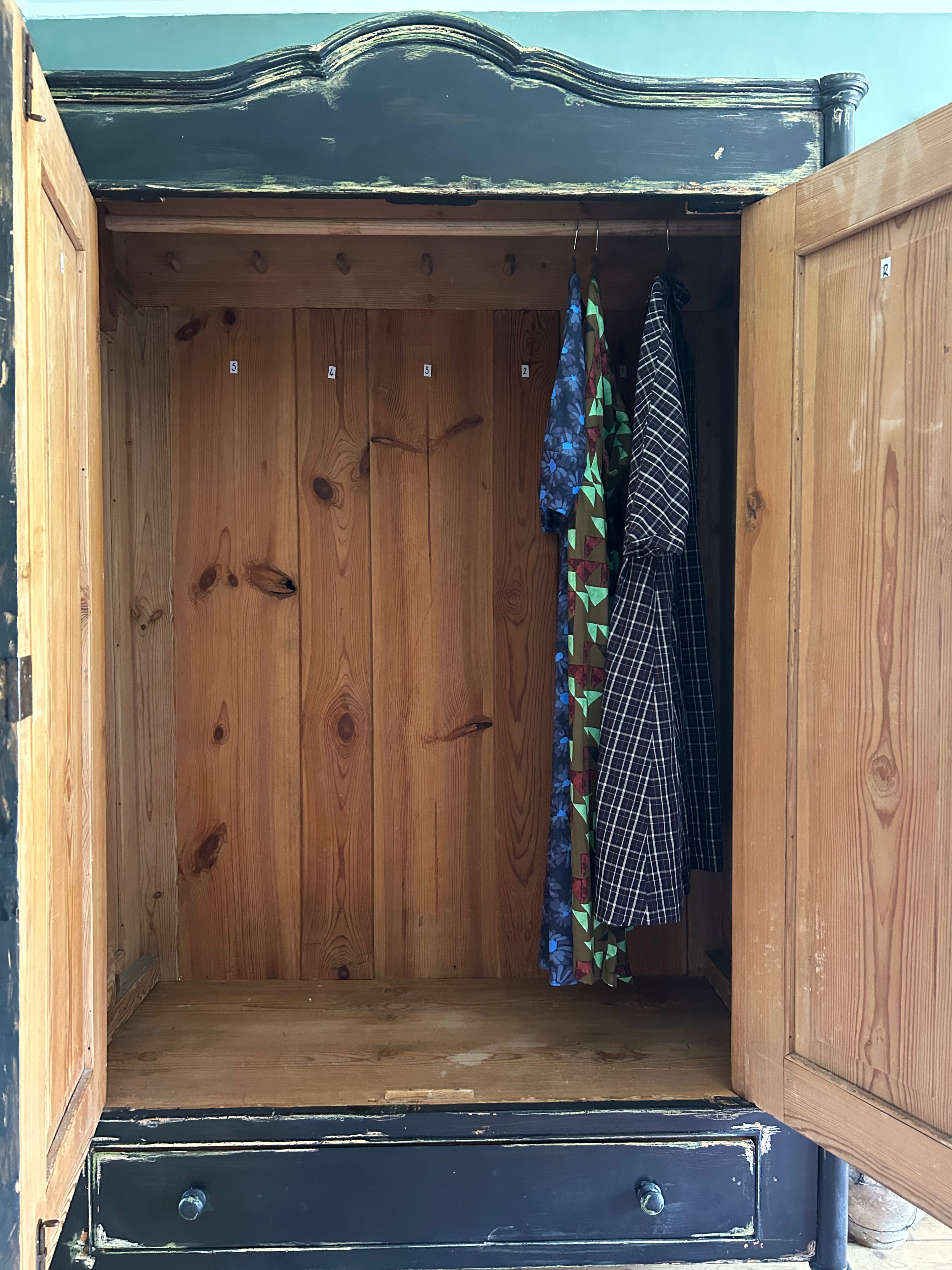 Vintage Painted Pine Wardrobe with Inlaid Chinoiserie