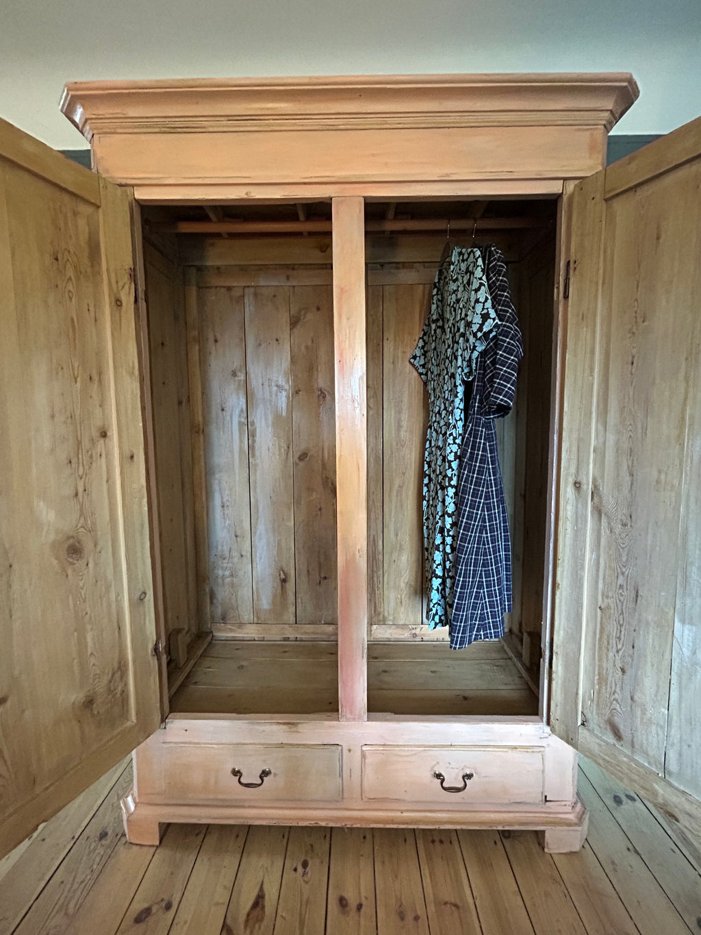 Vintage Painted Pine Wardrobe with Inlaid Chinoiserie