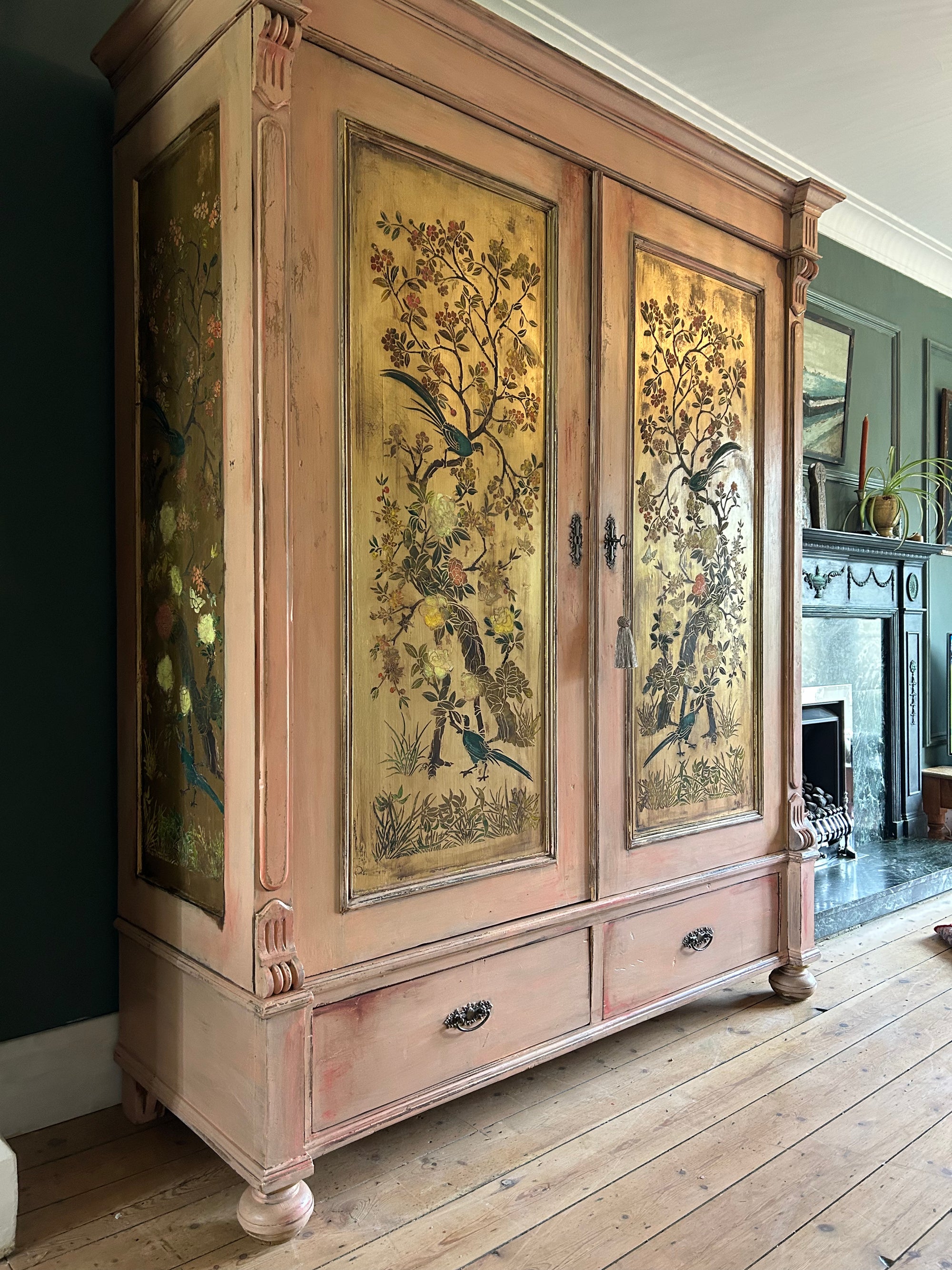 Vintage Painted Pine Wardrobe with Chinoiserie Panels