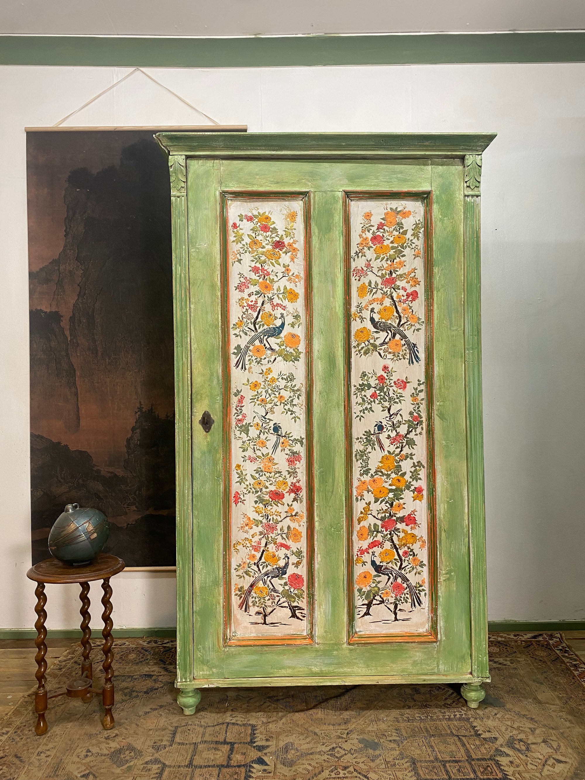 Vintage Painted Pine Wardrobe with Chinoiserie Panels