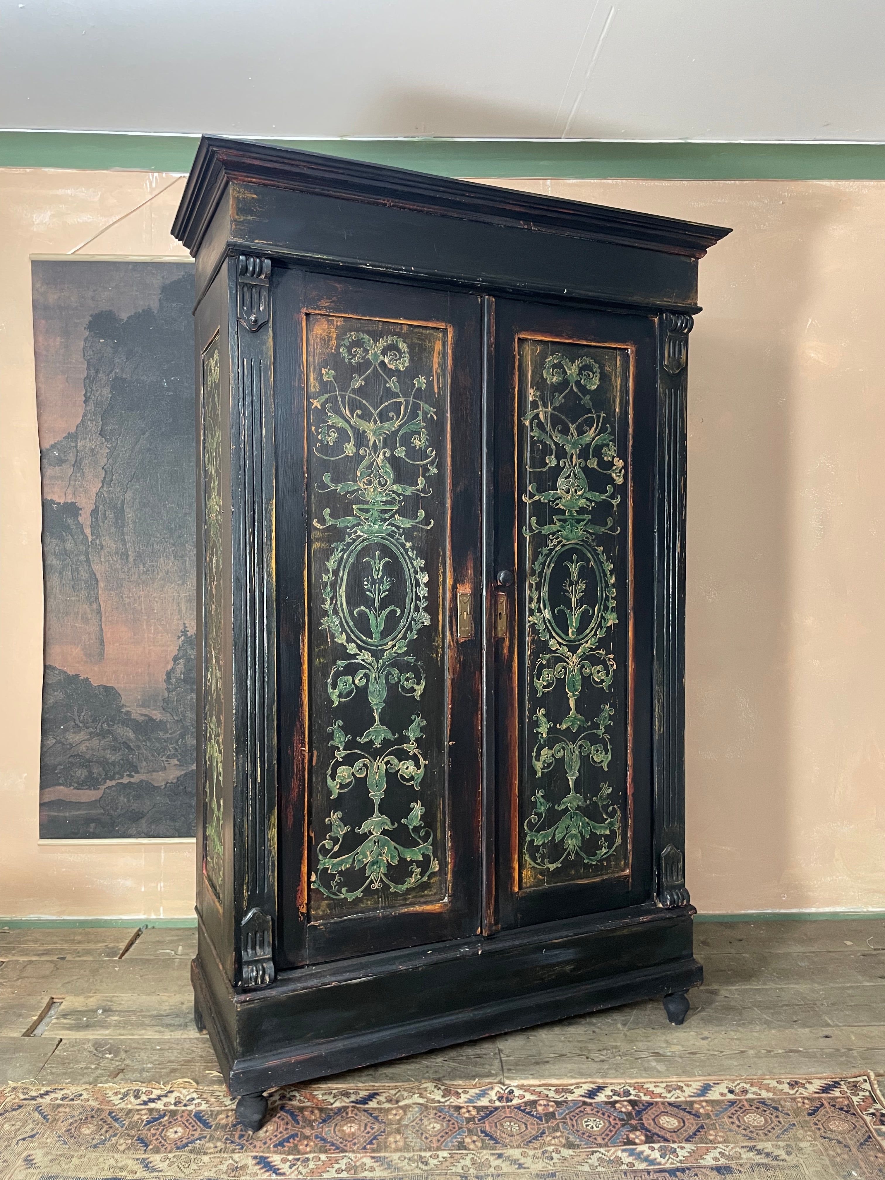 Vintage Painted Pine Wardrobe with Boiserie Panels