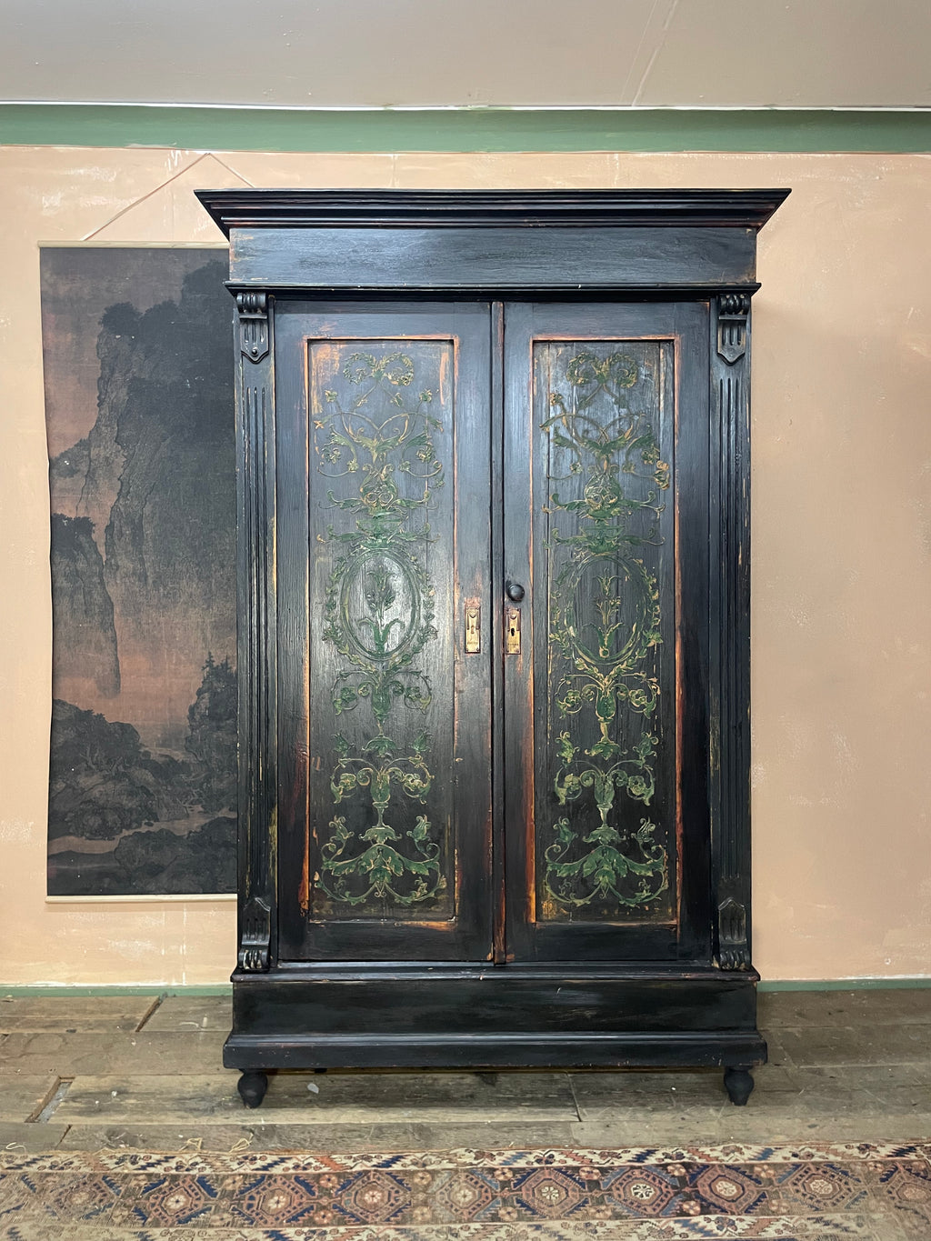 Vintage Painted Pine Wardrobe with Boiserie Panels