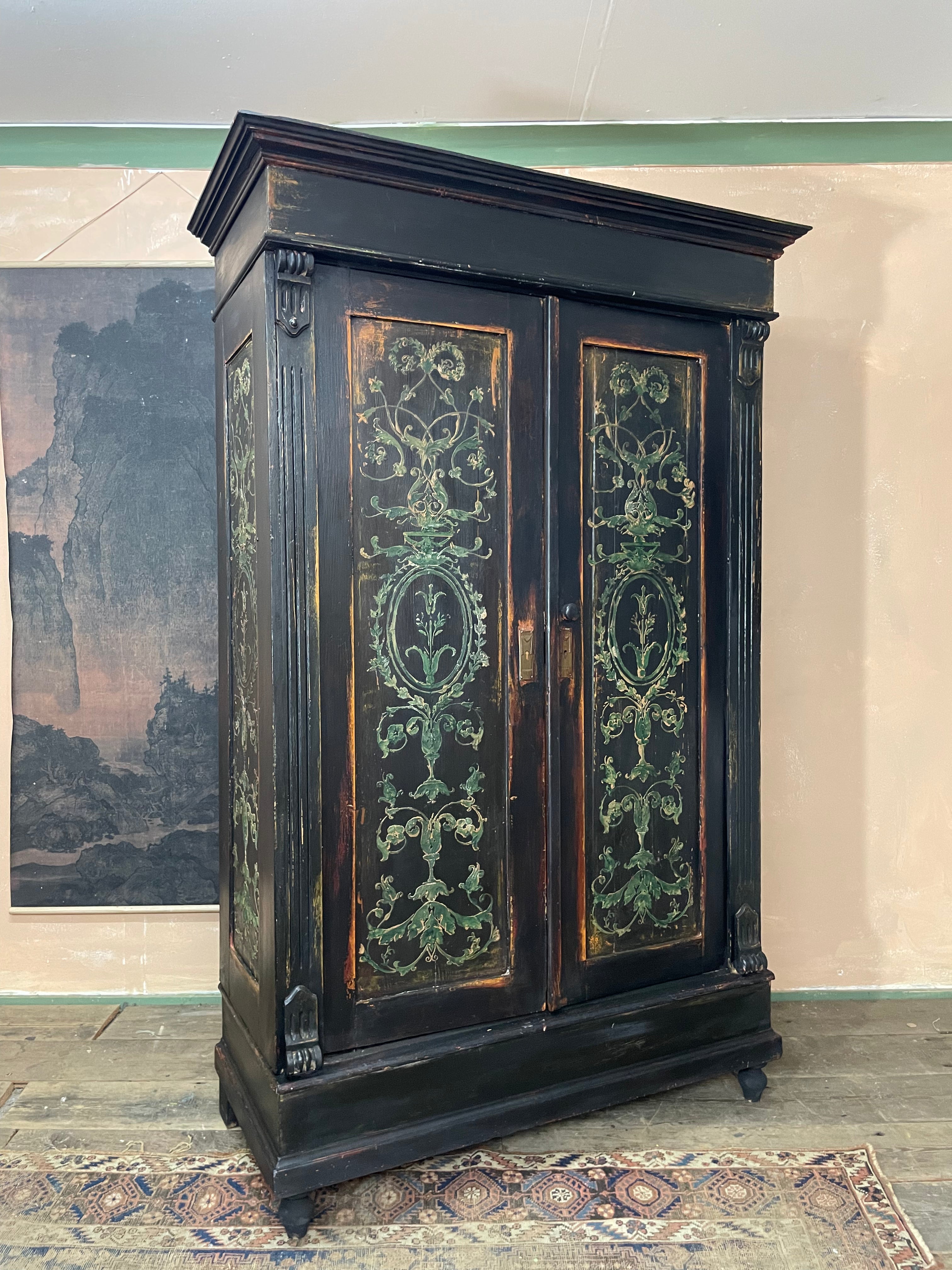 Vintage Painted Pine Wardrobe with Boiserie Panels