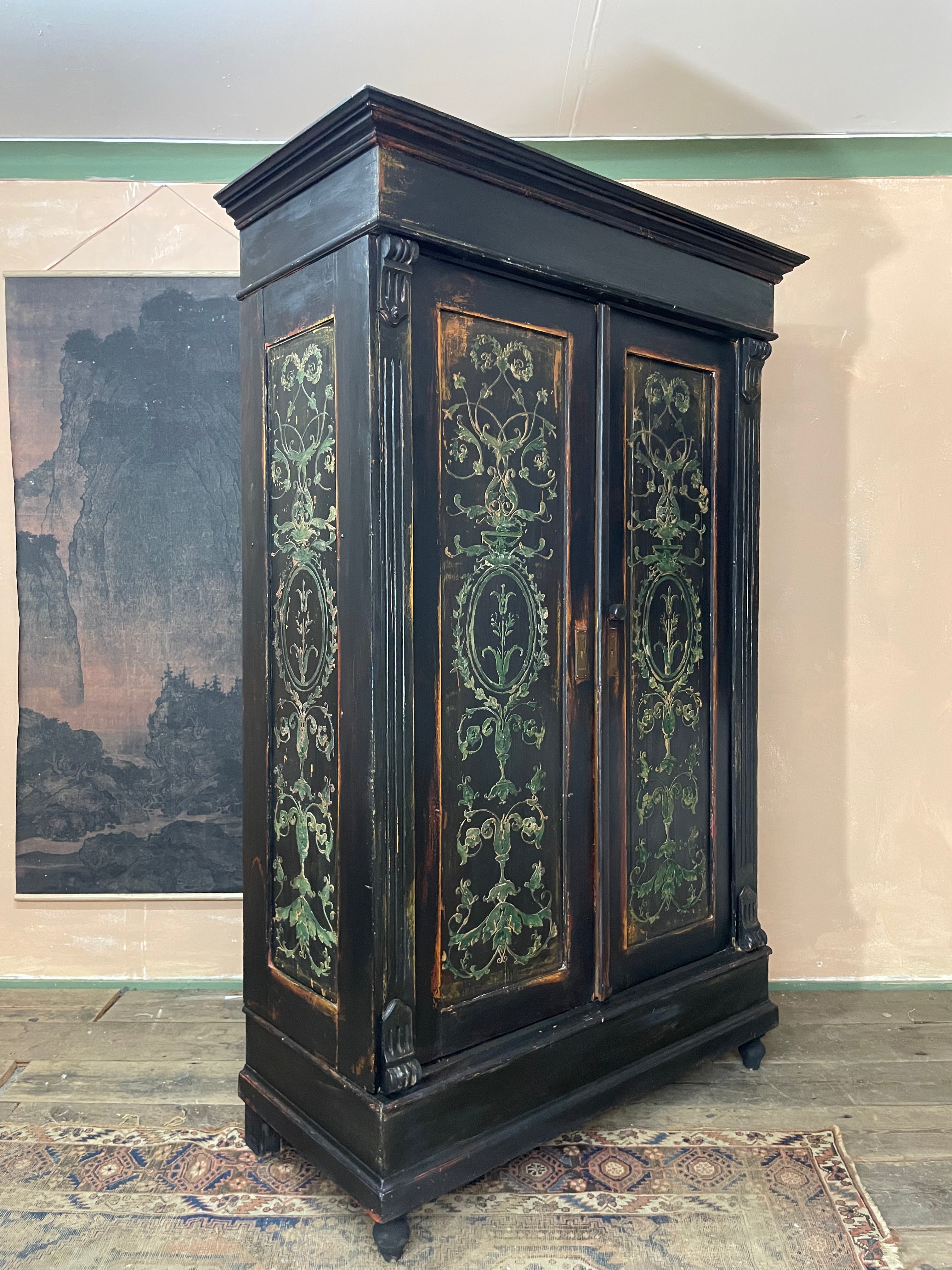 Vintage Painted Pine Wardrobe with Boiserie Panels