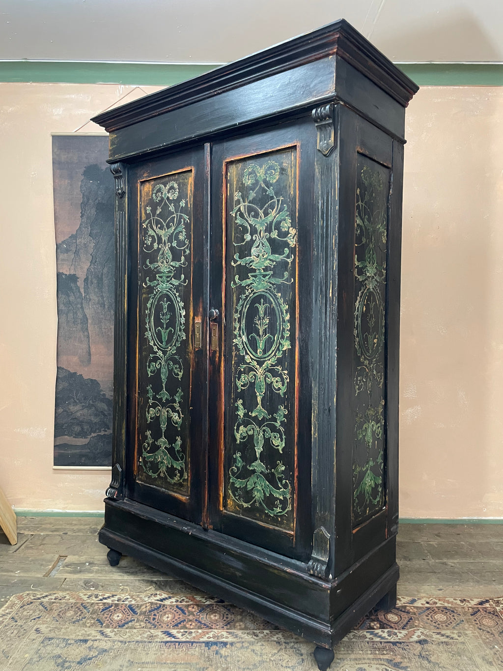 Vintage Painted Pine Wardrobe with Boiserie Panels